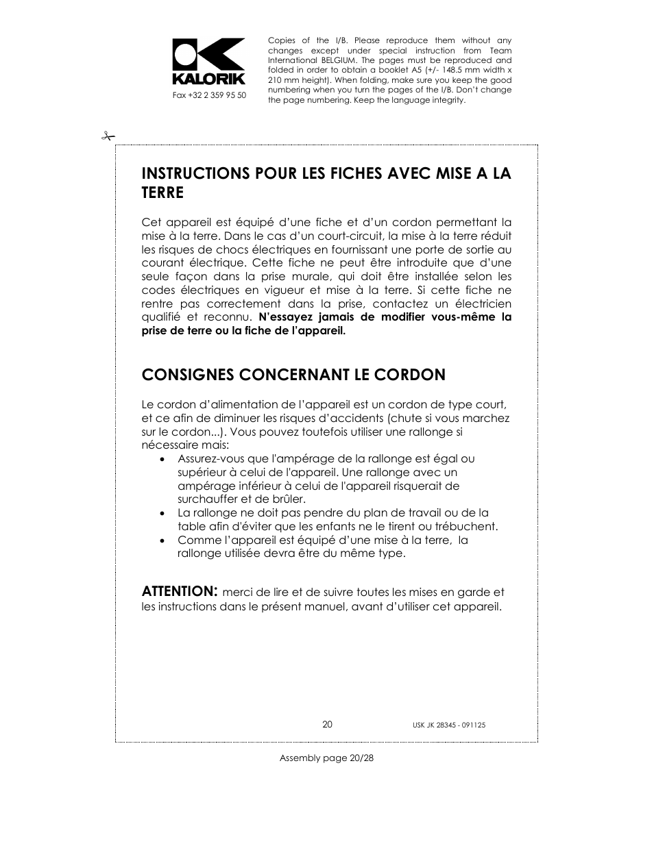 Instructions pour les fiches avec mise a la terre, Consignes concernant le cordon, Attention | Kalorik USK JK 28345 User Manual | Page 20 / 28