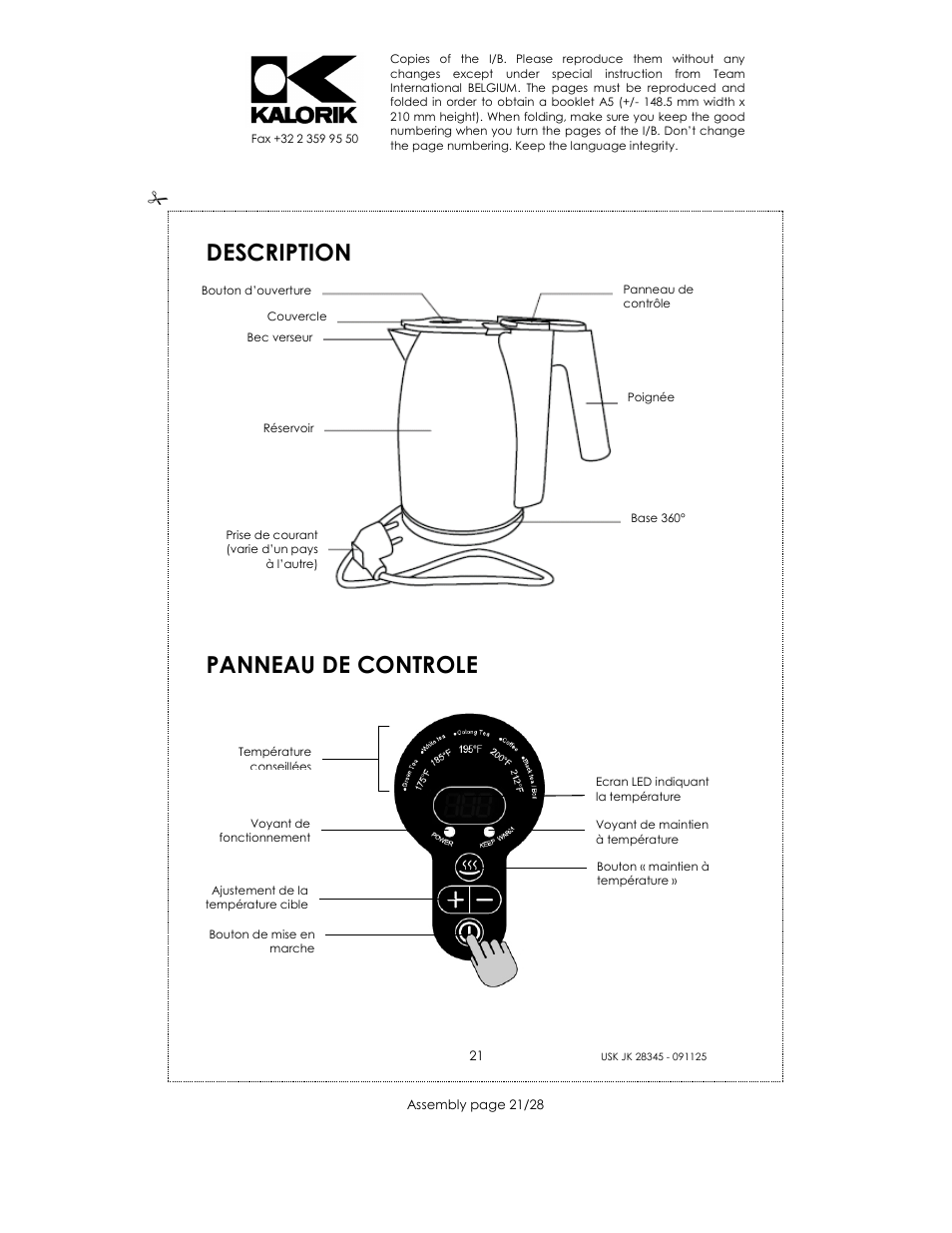 Description, Panneau de controle | Kalorik USK JK 28345 User Manual | Page 21 / 28