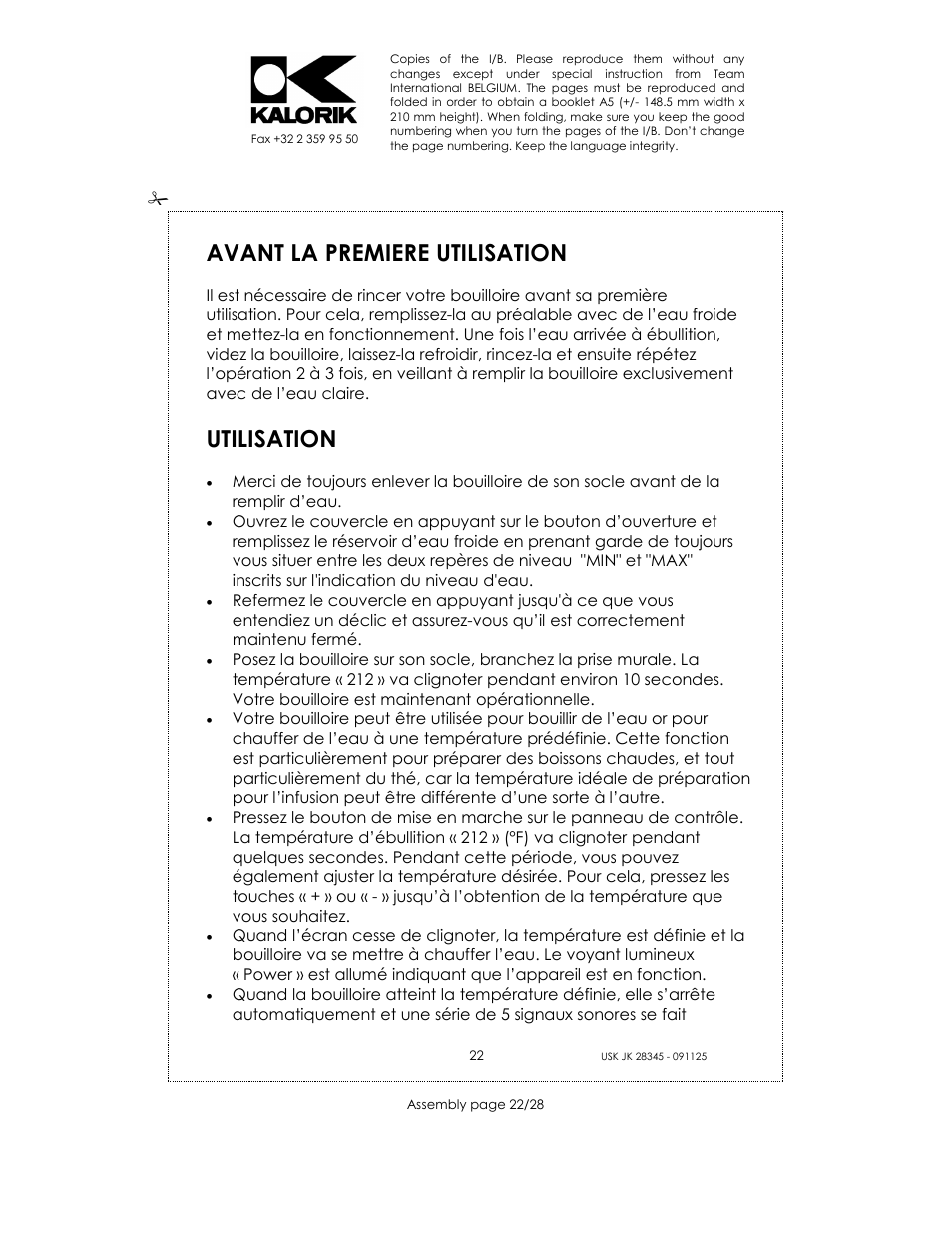 Avant la premiere utilisation, Utilisation | Kalorik USK JK 28345 User Manual | Page 22 / 28