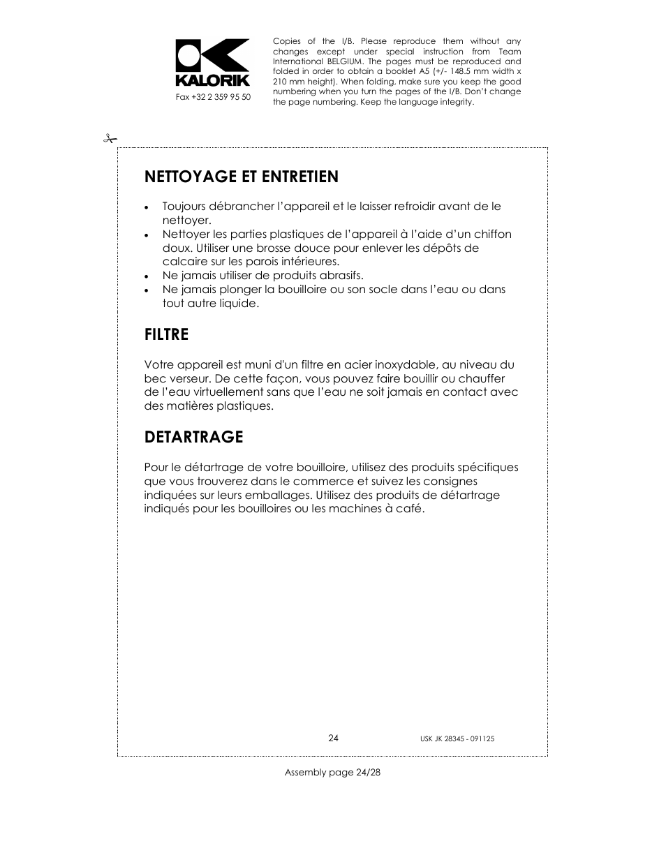 Nettoyage et entretien, Filtre, Detartrage | Kalorik USK JK 28345 User Manual | Page 24 / 28