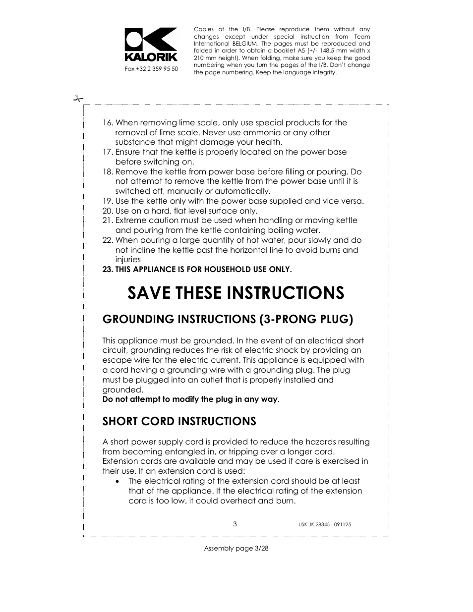 Save these instructions, Grounding instructions (3-prong plug), Short cord instructions | Kalorik USK JK 28345 User Manual | Page 3 / 28