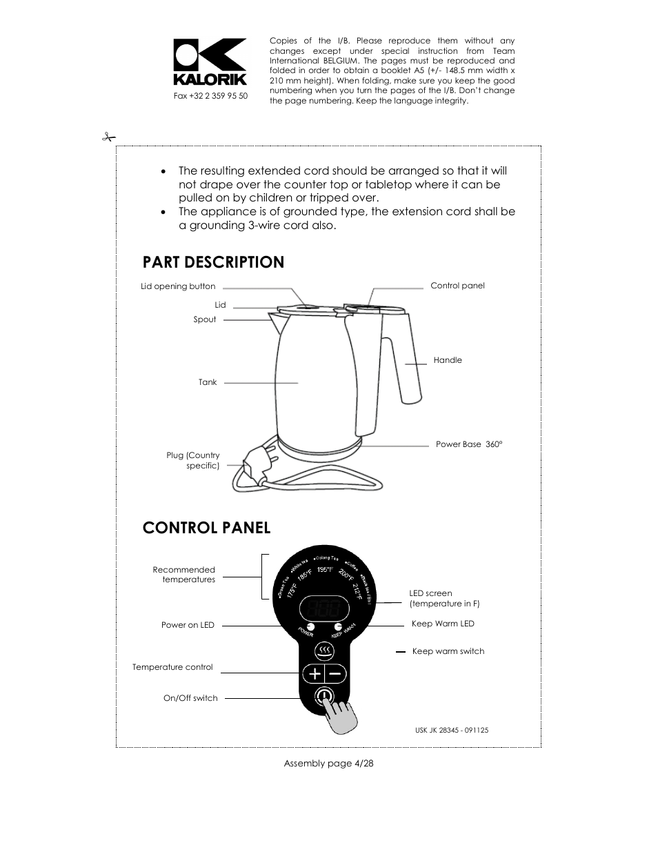 Part description, Control panel | Kalorik USK JK 28345 User Manual | Page 4 / 28