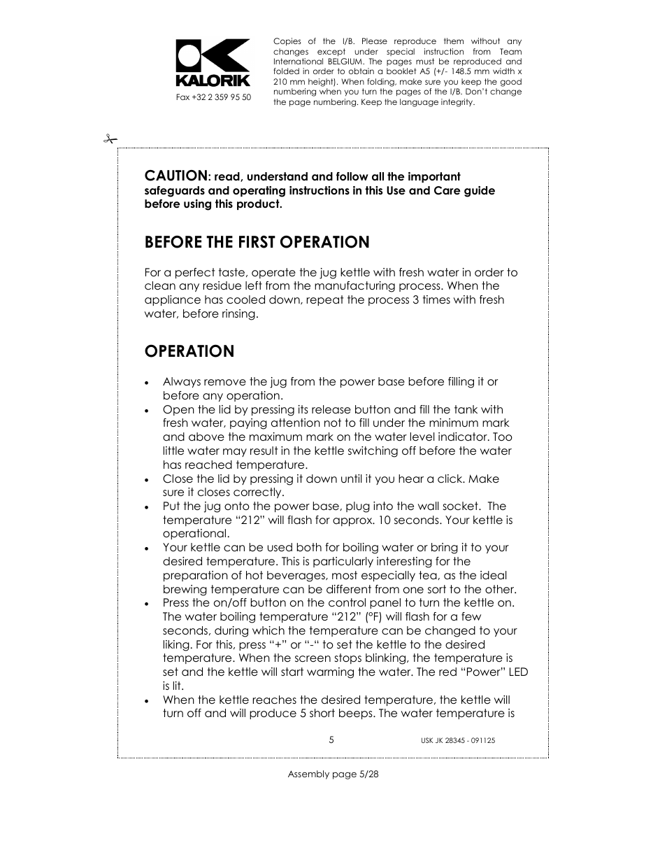 Before the first operation, Operation, Caution | Kalorik USK JK 28345 User Manual | Page 5 / 28