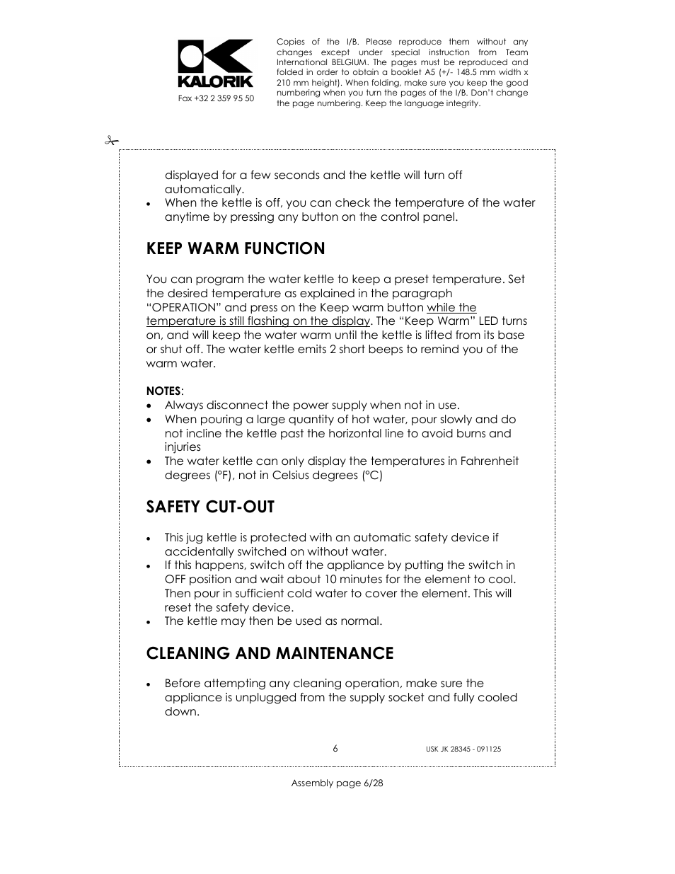 Keep warm function, Safety cut-out, Cleaning and maintenance | Kalorik USK JK 28345 User Manual | Page 6 / 28