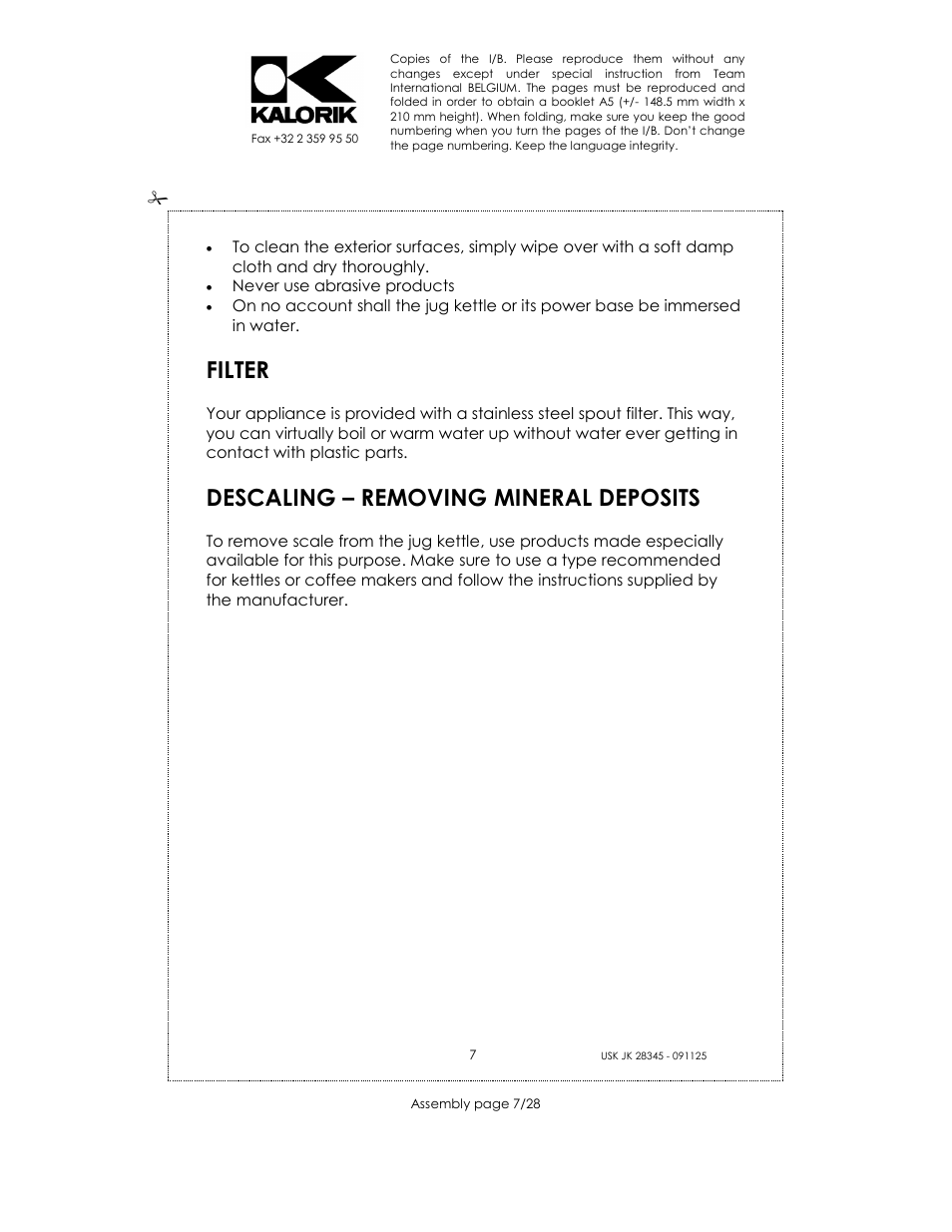 Filter, Descaling – removing mineral deposits | Kalorik USK JK 28345 User Manual | Page 7 / 28