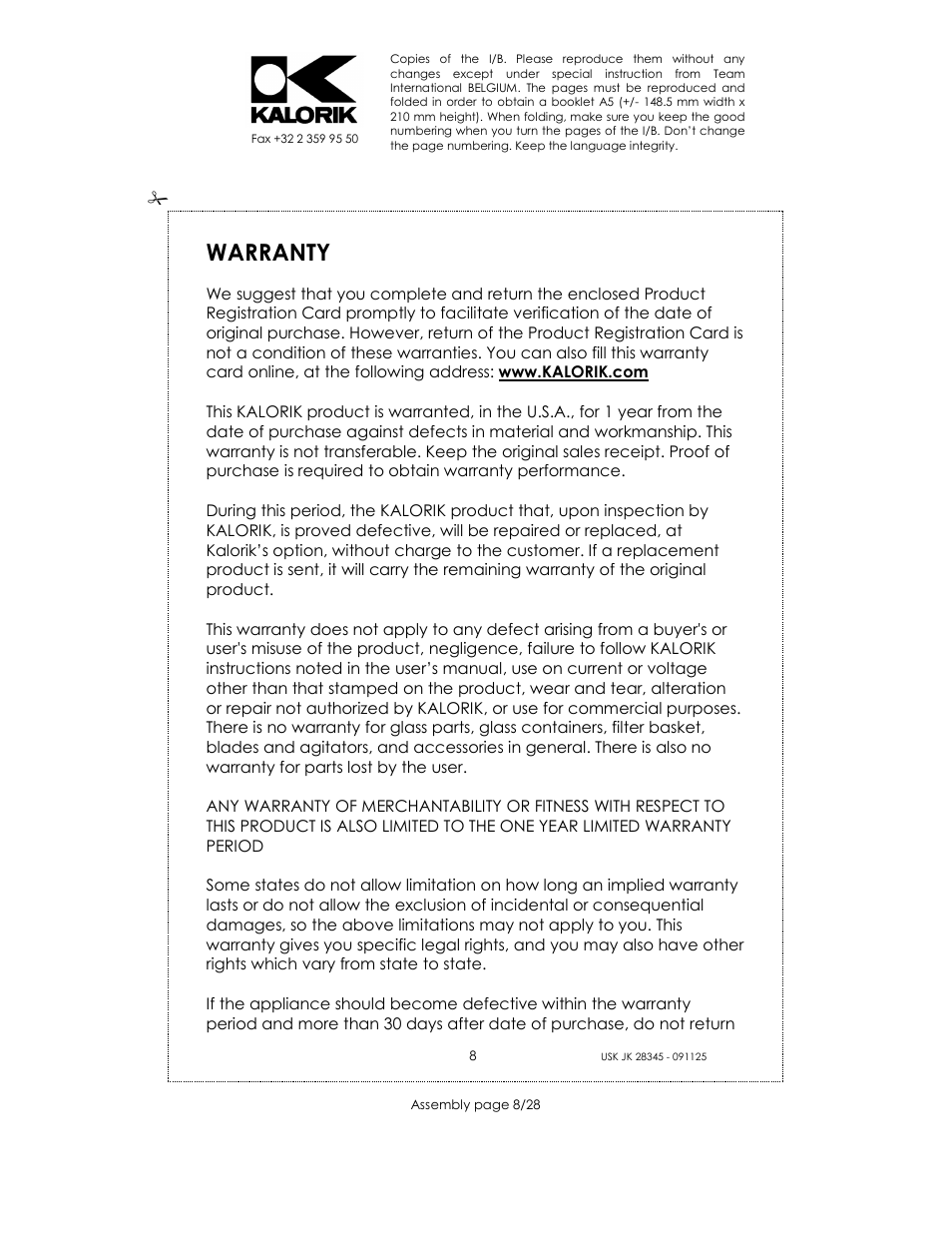 Warranty | Kalorik USK JK 28345 User Manual | Page 8 / 28