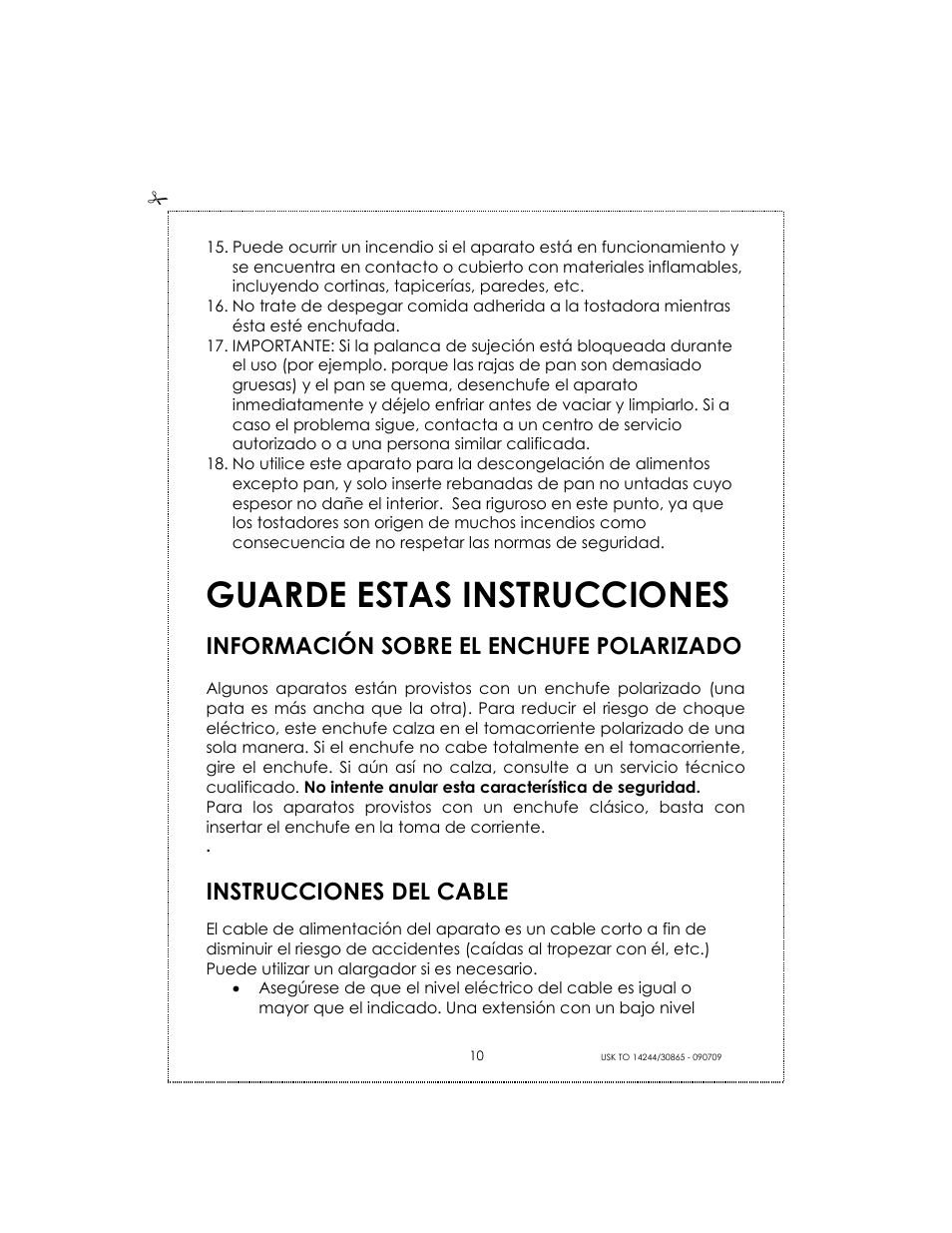 Guarde estas instrucciones, Información sobre el enchufe polarizado, Instrucciones del cable | Kalorik USK TO 14244 User Manual | Page 10 / 32