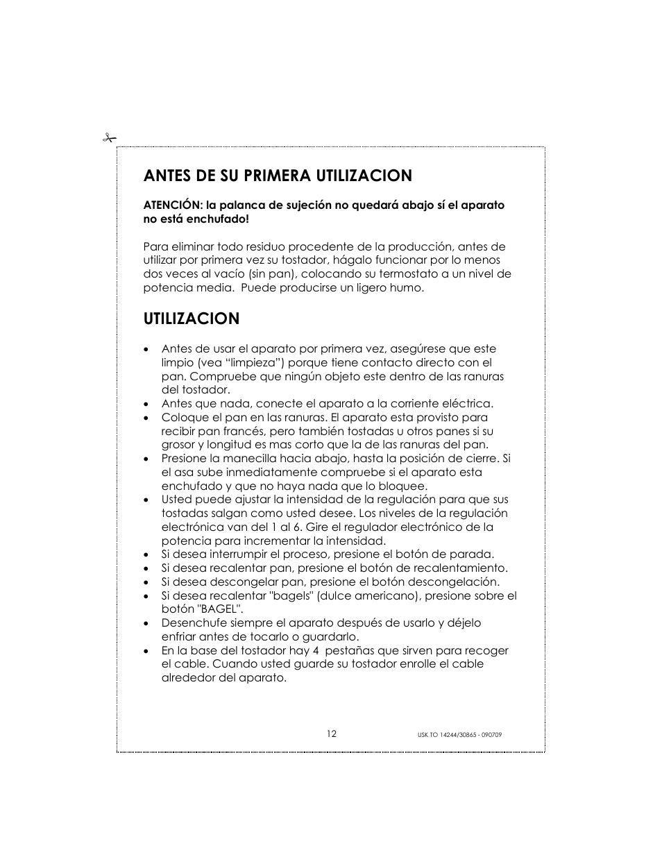 Antes de su primera utilizacion, Utilizacion | Kalorik USK TO 14244 User Manual | Page 12 / 32