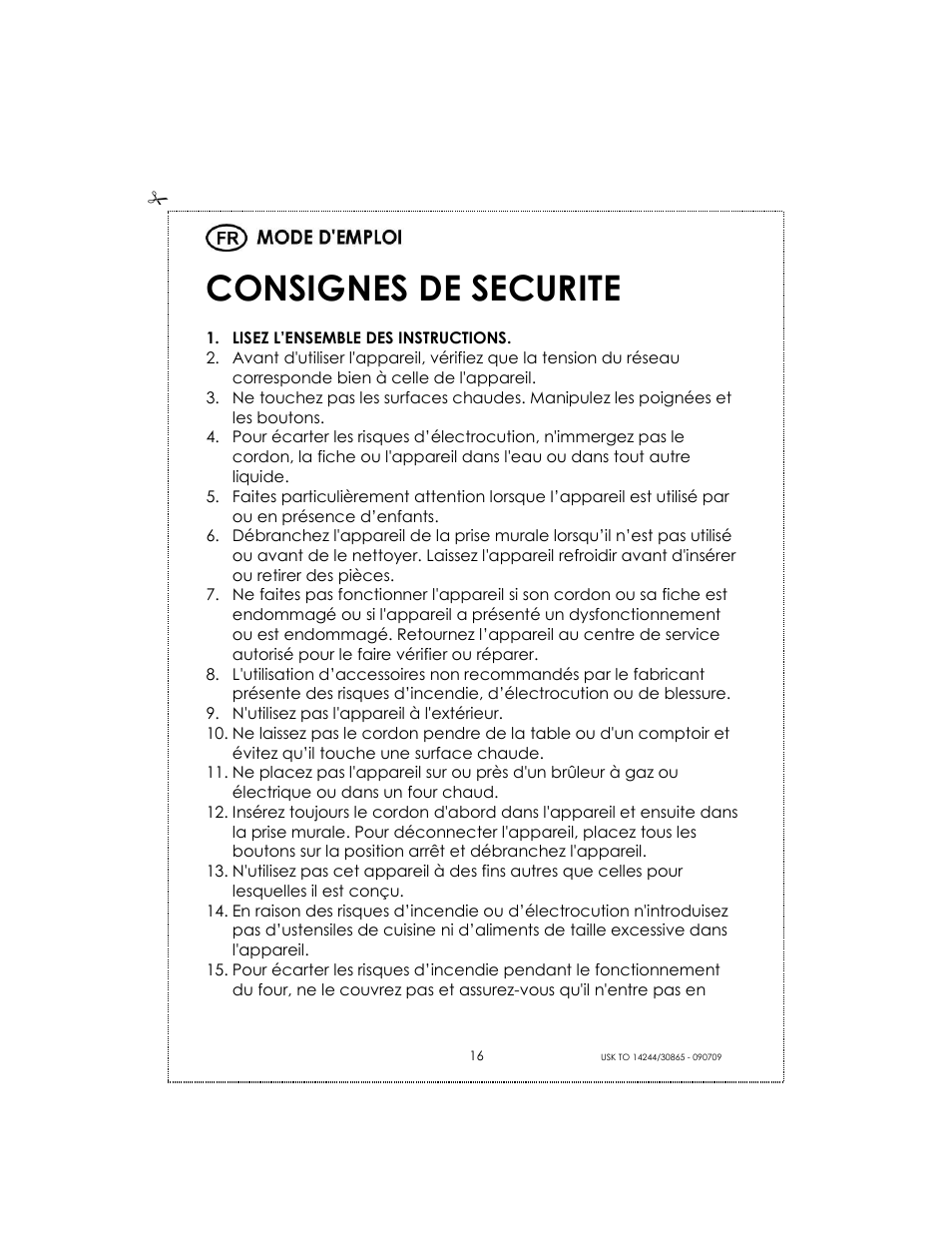 Consignes de securite | Kalorik USK TO 14244 User Manual | Page 16 / 32