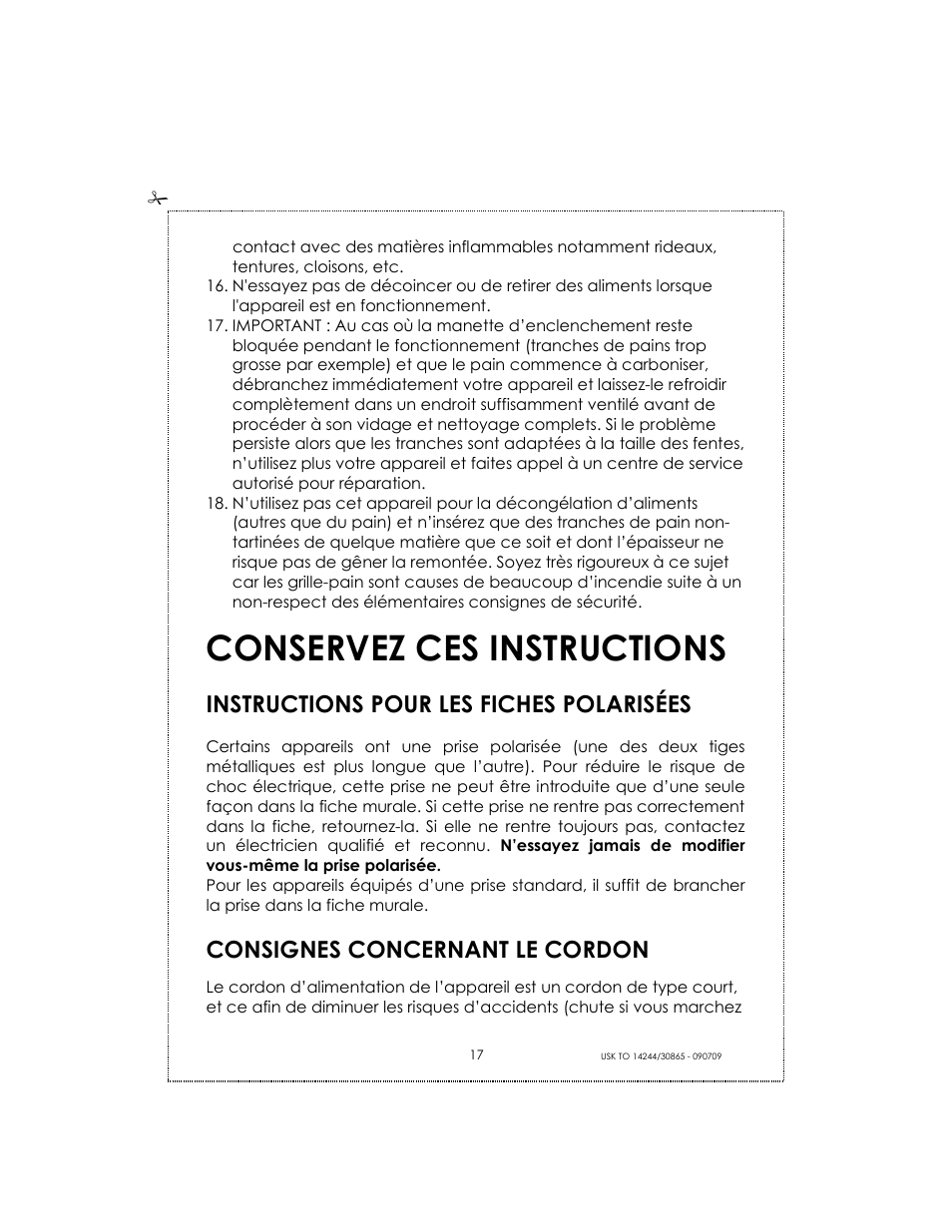 Conservez ces instructions, Instructions pour les fiches polarisées, Consignes concernant le cordon | Kalorik USK TO 14244 User Manual | Page 17 / 32