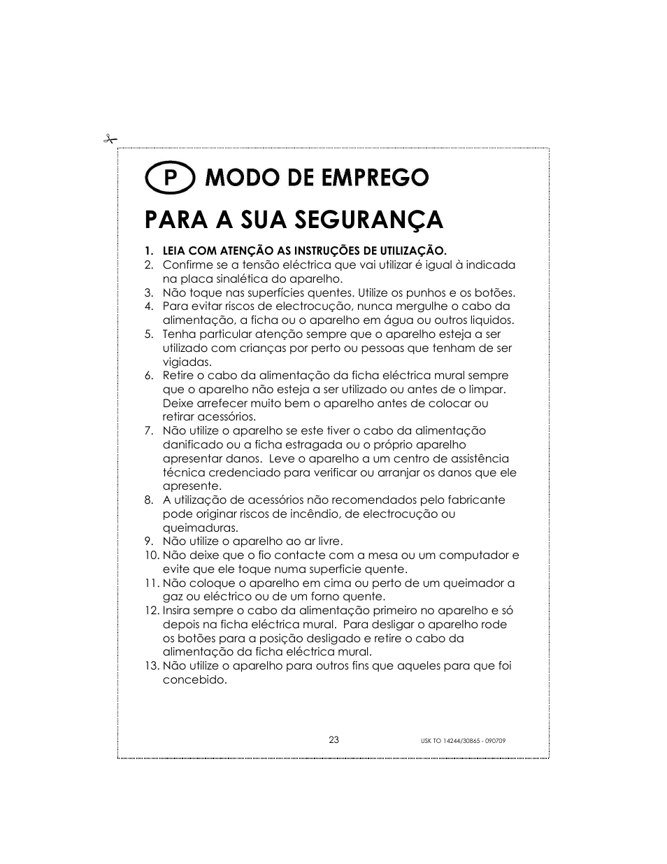 Para a sua segurança | Kalorik USK TO 14244 User Manual | Page 23 / 32