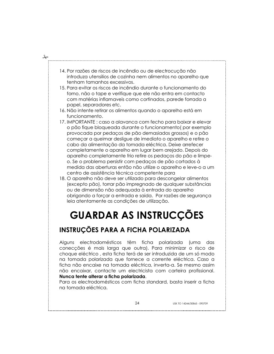 Guardar as instrucções, Instruções para a ficha polarizada | Kalorik USK TO 14244 User Manual | Page 24 / 32