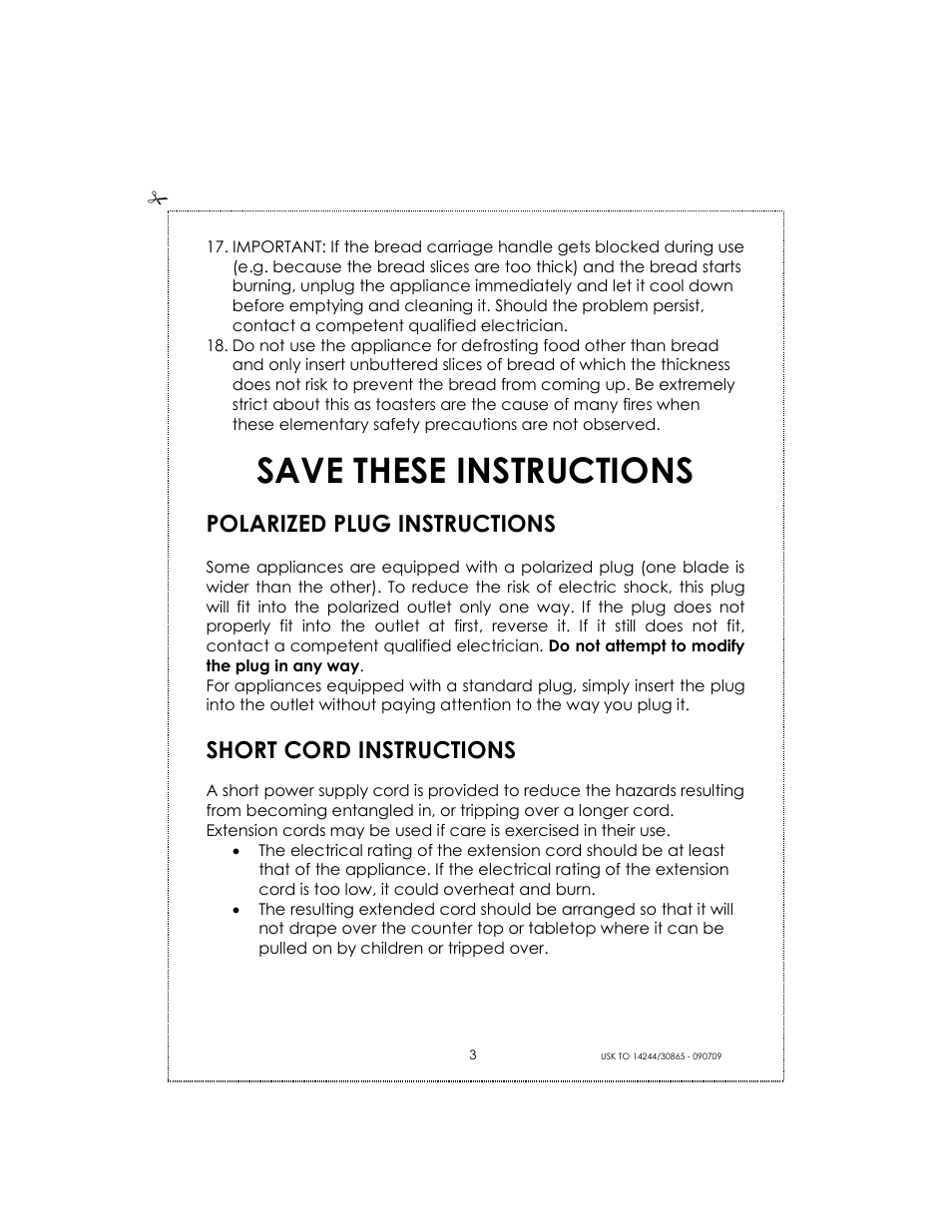 Save these instructions, Polarized plug instructions, Short cord instructions | Kalorik USK TO 14244 User Manual | Page 3 / 32