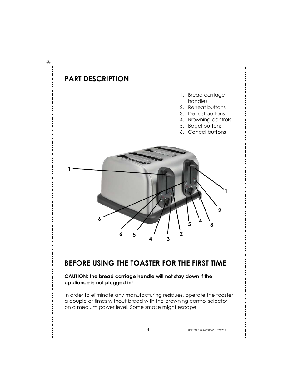 Part description, Before using the toaster for the first time | Kalorik USK TO 14244 User Manual | Page 4 / 32