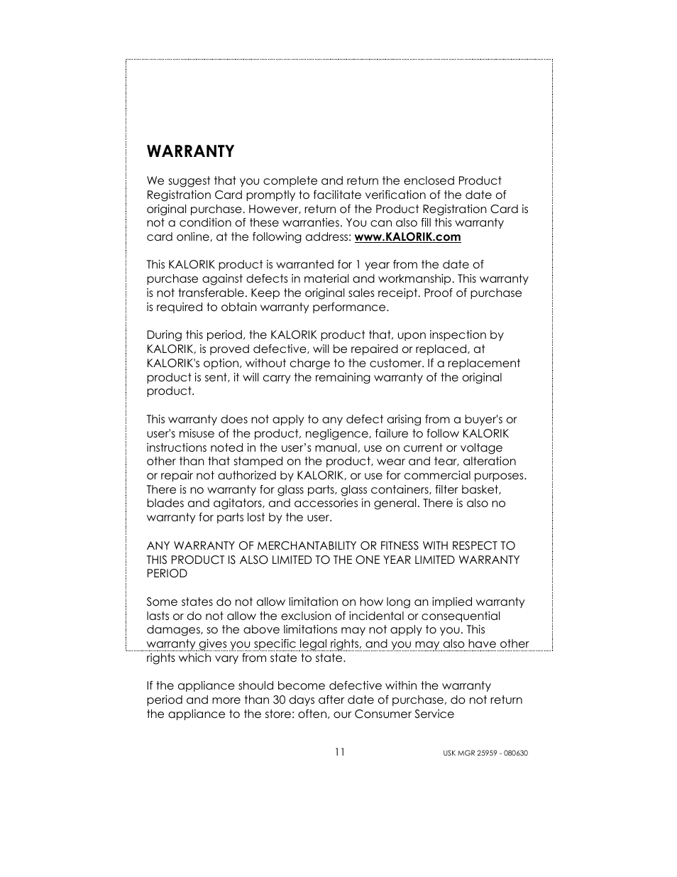 Warranty | Kalorik USK MGR 25959 User Manual | Page 11 / 24