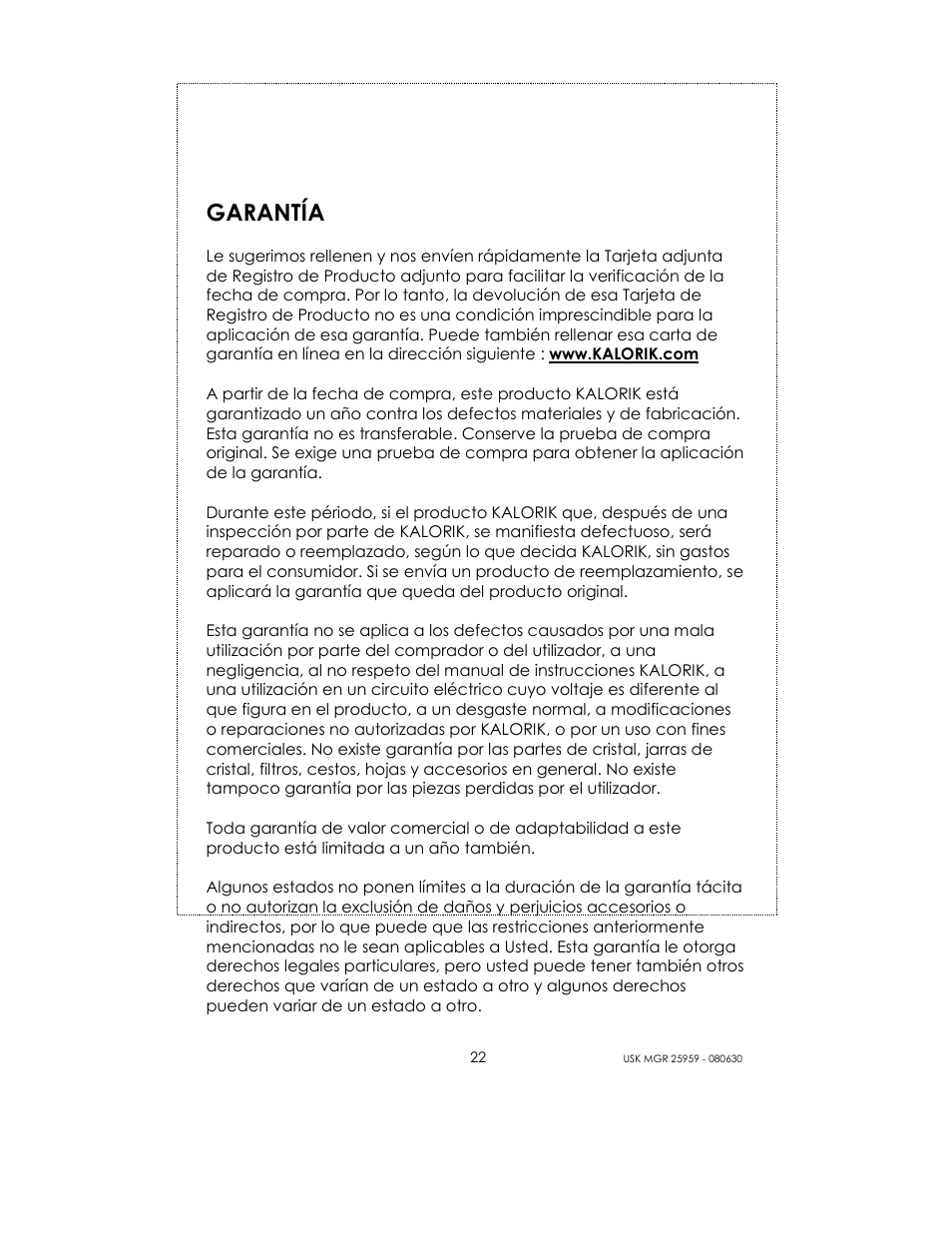 Garantía | Kalorik USK MGR 25959 User Manual | Page 22 / 24