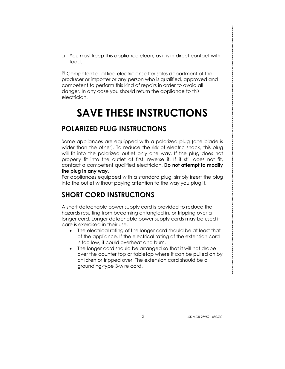 Save these instructions, Polarized plug instructions, Short cord instructions | Kalorik USK MGR 25959 User Manual | Page 3 / 24