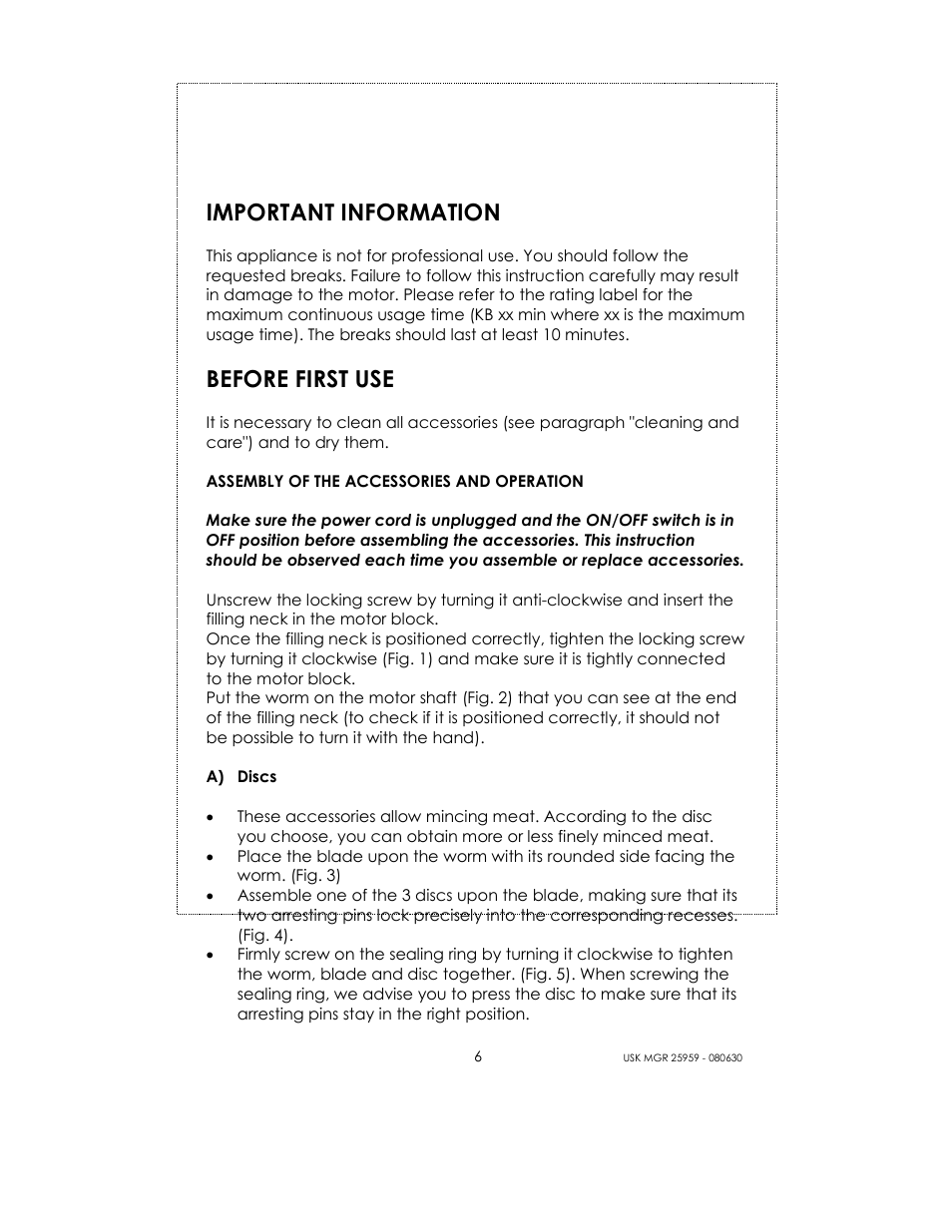 Important information, Before first use | Kalorik USK MGR 25959 User Manual | Page 6 / 24