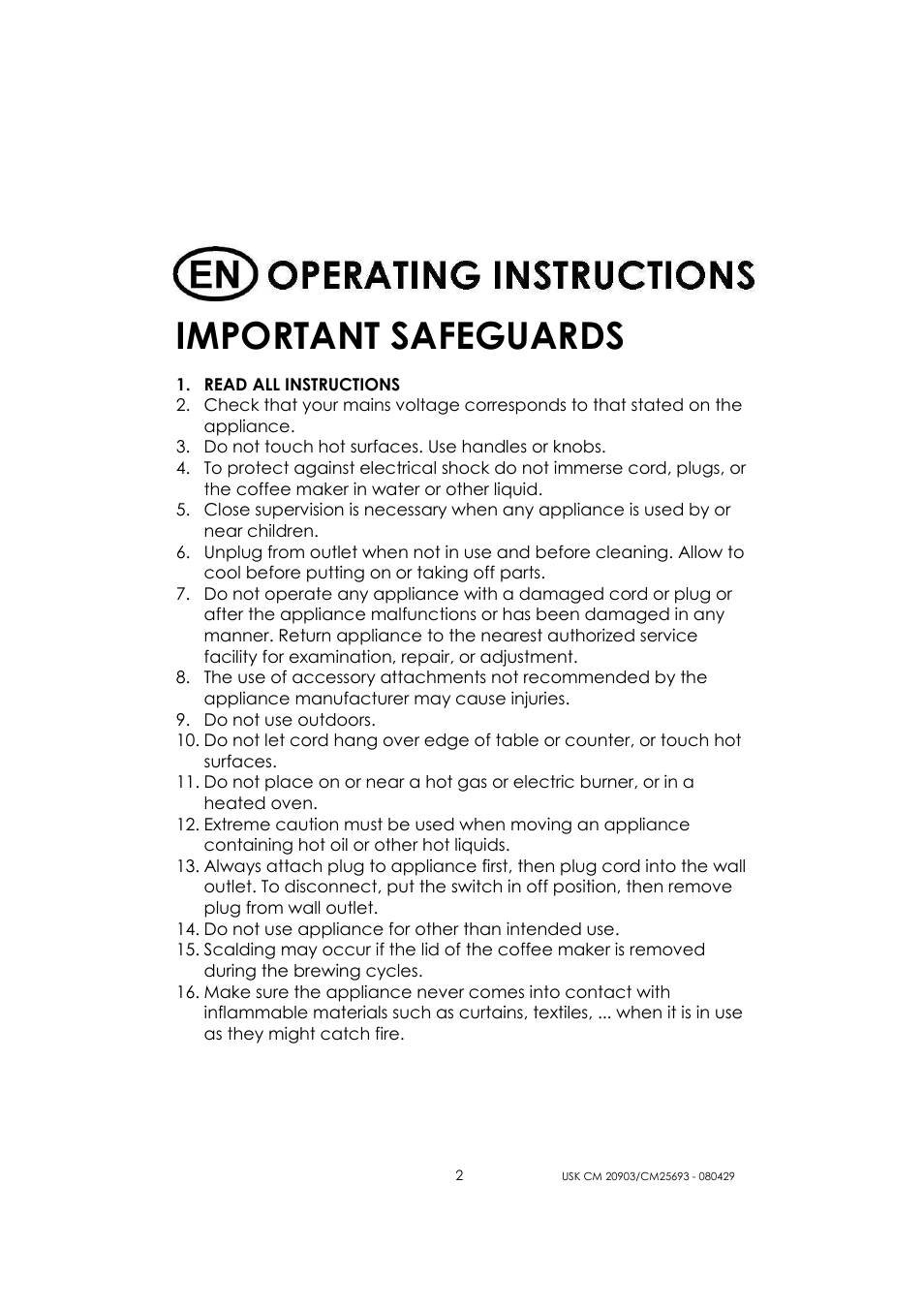 Important safeguards | Kalorik CM 20903 User Manual | Page 2 / 20