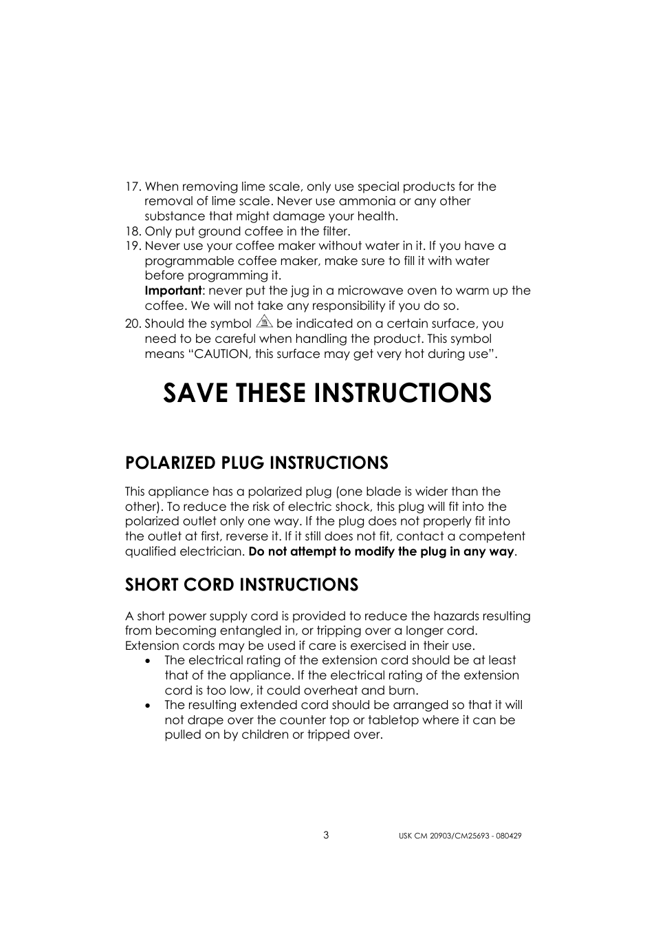 Save these instructions, Polarized plug instructions, Short cord instructions | Kalorik CM 20903 User Manual | Page 3 / 20