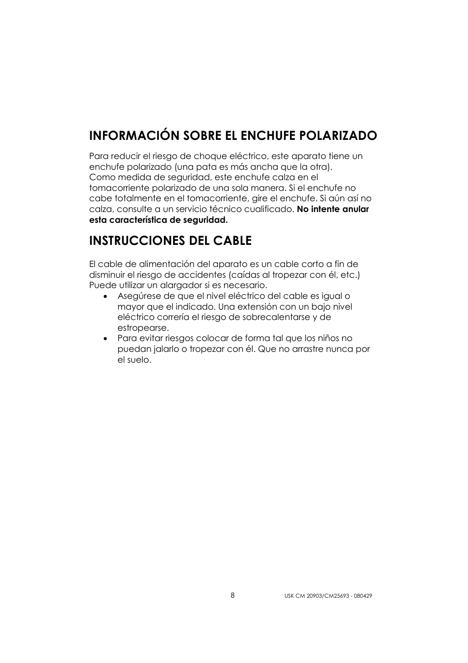 Información sobre el enchufe polarizado, Instrucciones del cable | Kalorik CM 20903 User Manual | Page 8 / 20