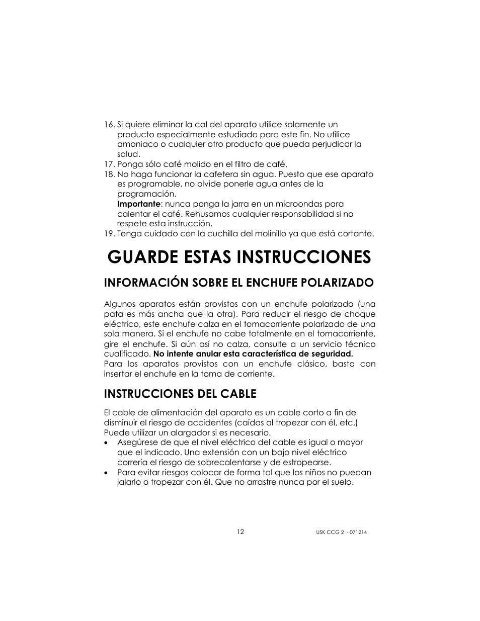 Guarde estas instrucciones, Información sobre el enchufe polarizado, Instrucciones del cable | Kalorik USK CCG 2 User Manual | Page 12 / 20