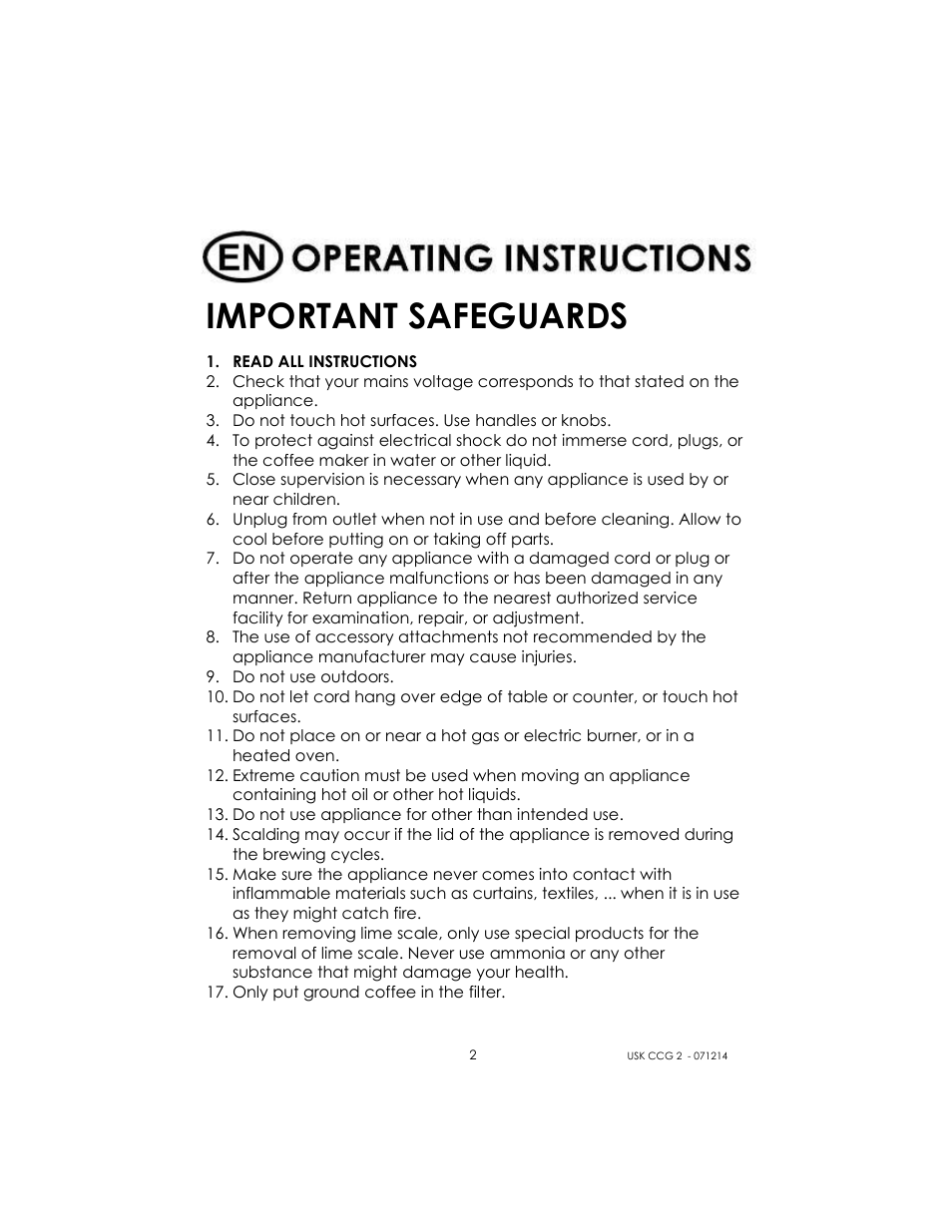 Important safeguards | Kalorik USK CCG 2 User Manual | Page 2 / 20