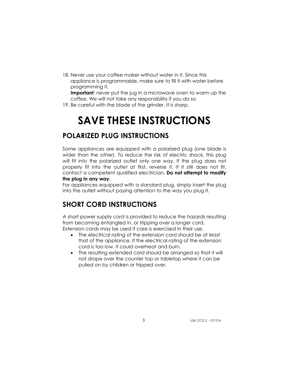 Save these instructions, Polarized plug instructions, Short cord instructions | Kalorik USK CCG 2 User Manual | Page 3 / 20