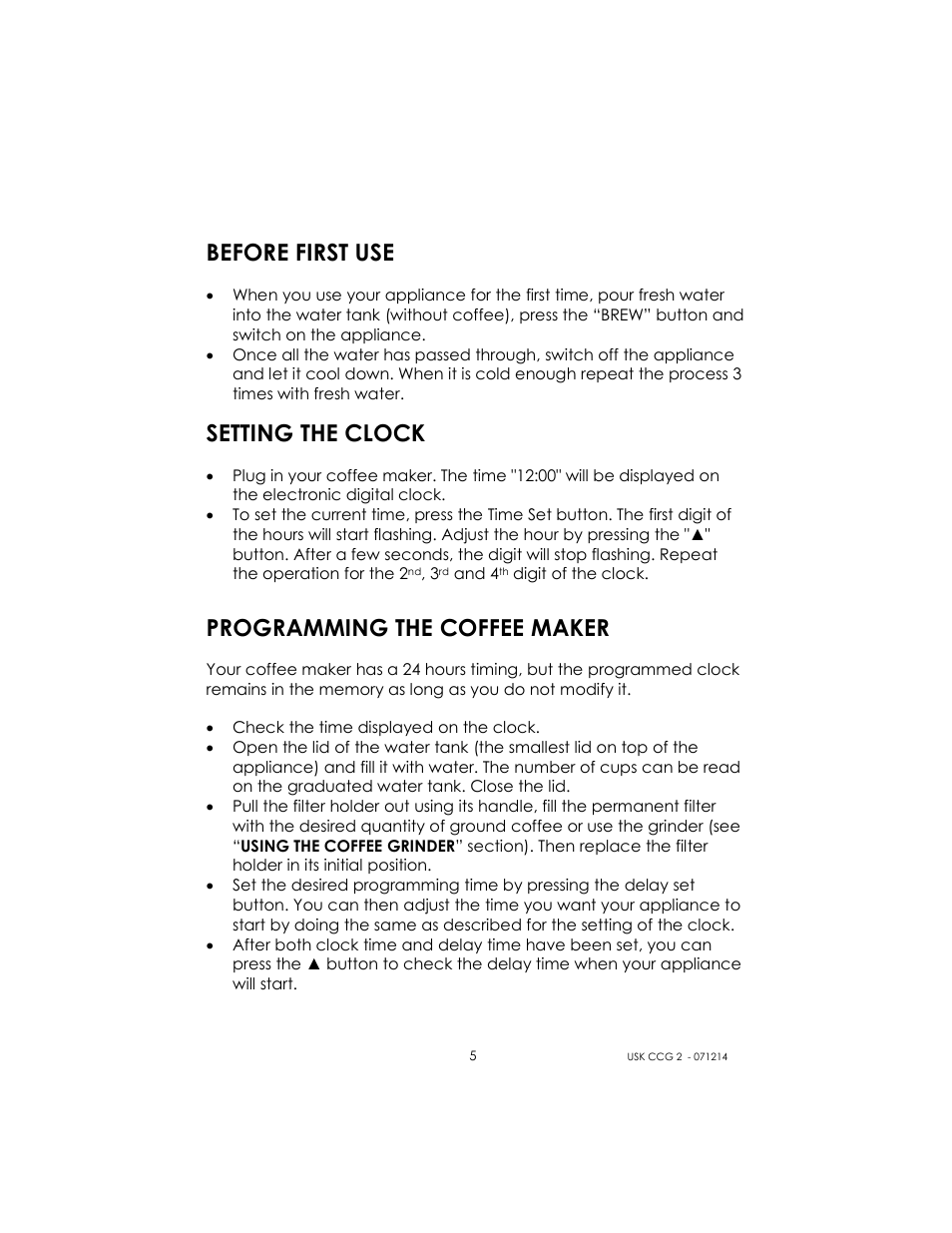 Before first use, Setting the clock, Programming the coffee maker | Kalorik USK CCG 2 User Manual | Page 5 / 20