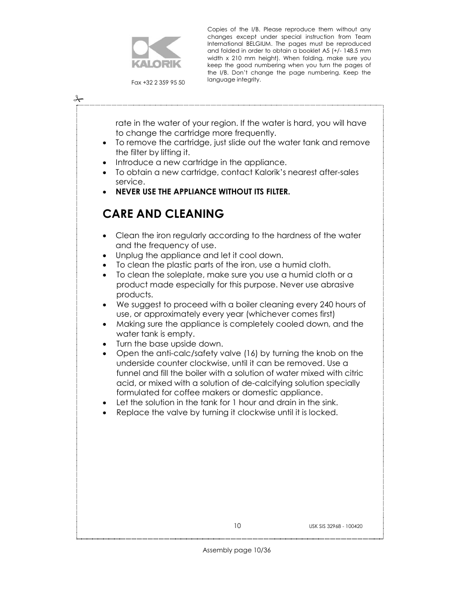 Care and cleaning | Kalorik SIS 32968 User Manual | Page 10 / 36