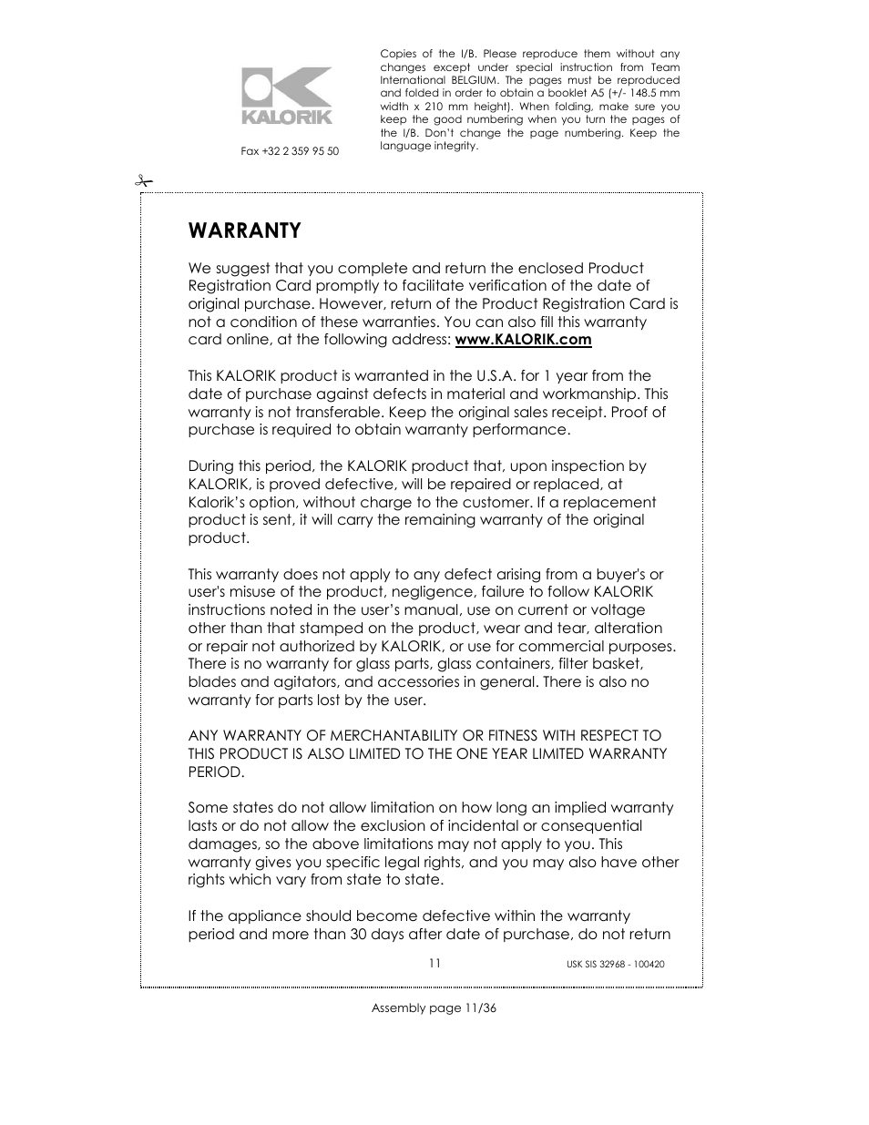 Warranty | Kalorik SIS 32968 User Manual | Page 11 / 36