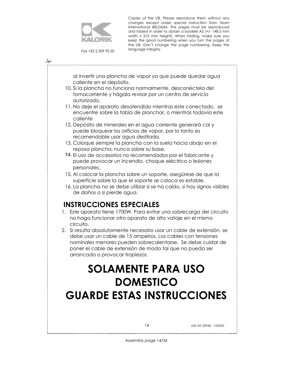 Instrucciones especiales | Kalorik SIS 32968 User Manual | Page 14 / 36