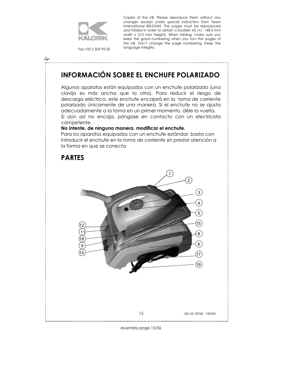 Información sobre el enchufe polarizado, Partes | Kalorik SIS 32968 User Manual | Page 15 / 36