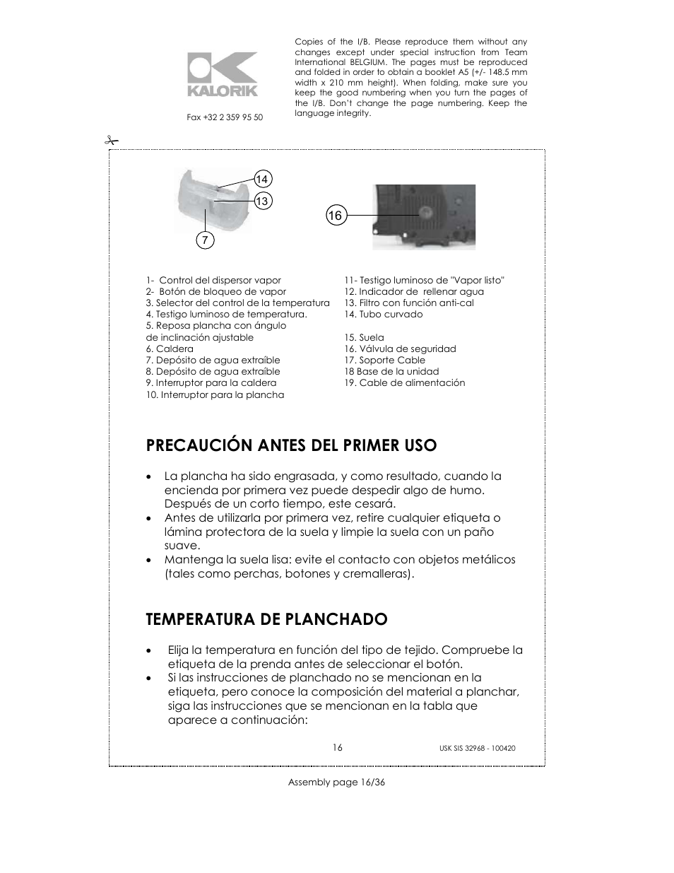 Precaución antes del primer uso, Temperatura de planchado | Kalorik SIS 32968 User Manual | Page 16 / 36