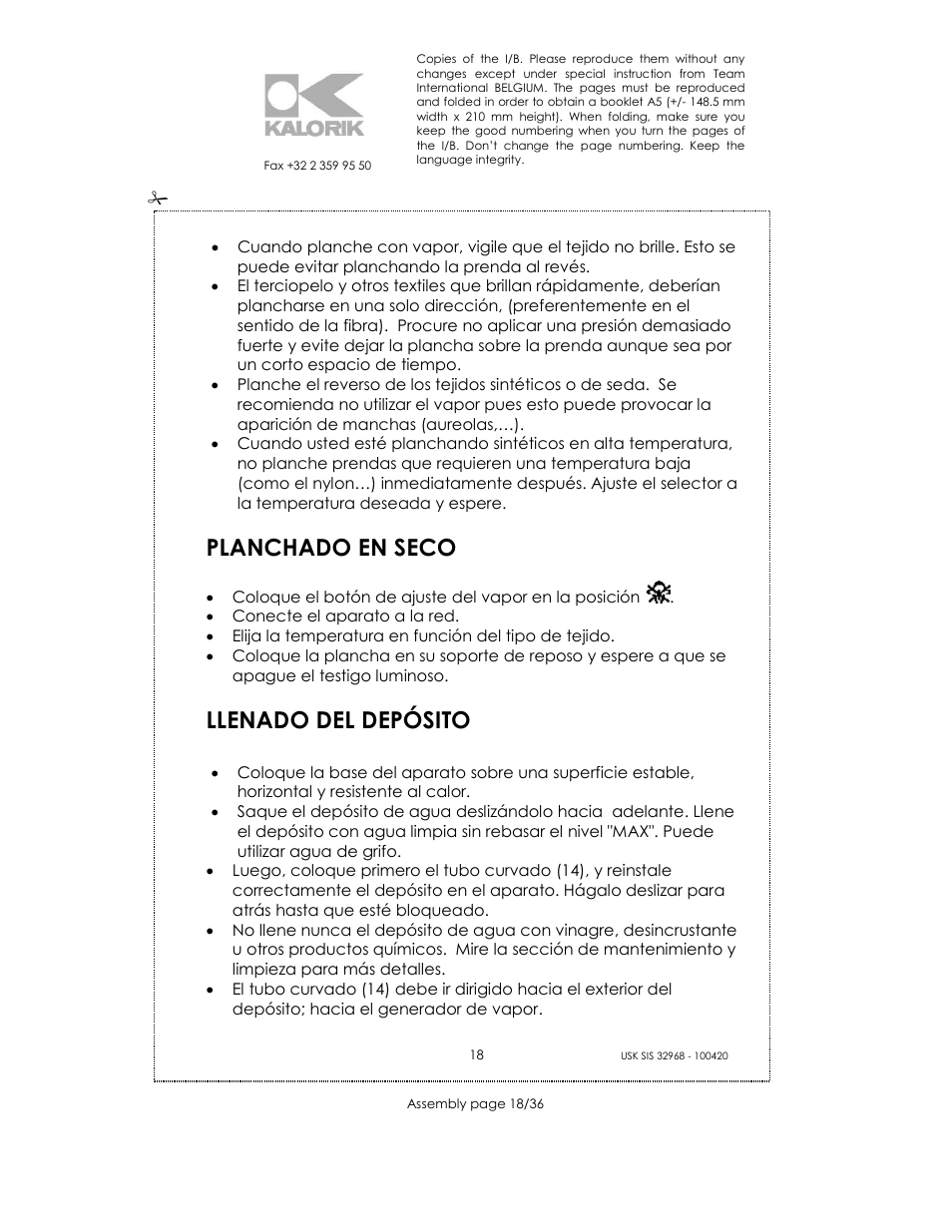 Planchado en seco, Llenado del depósito | Kalorik SIS 32968 User Manual | Page 18 / 36