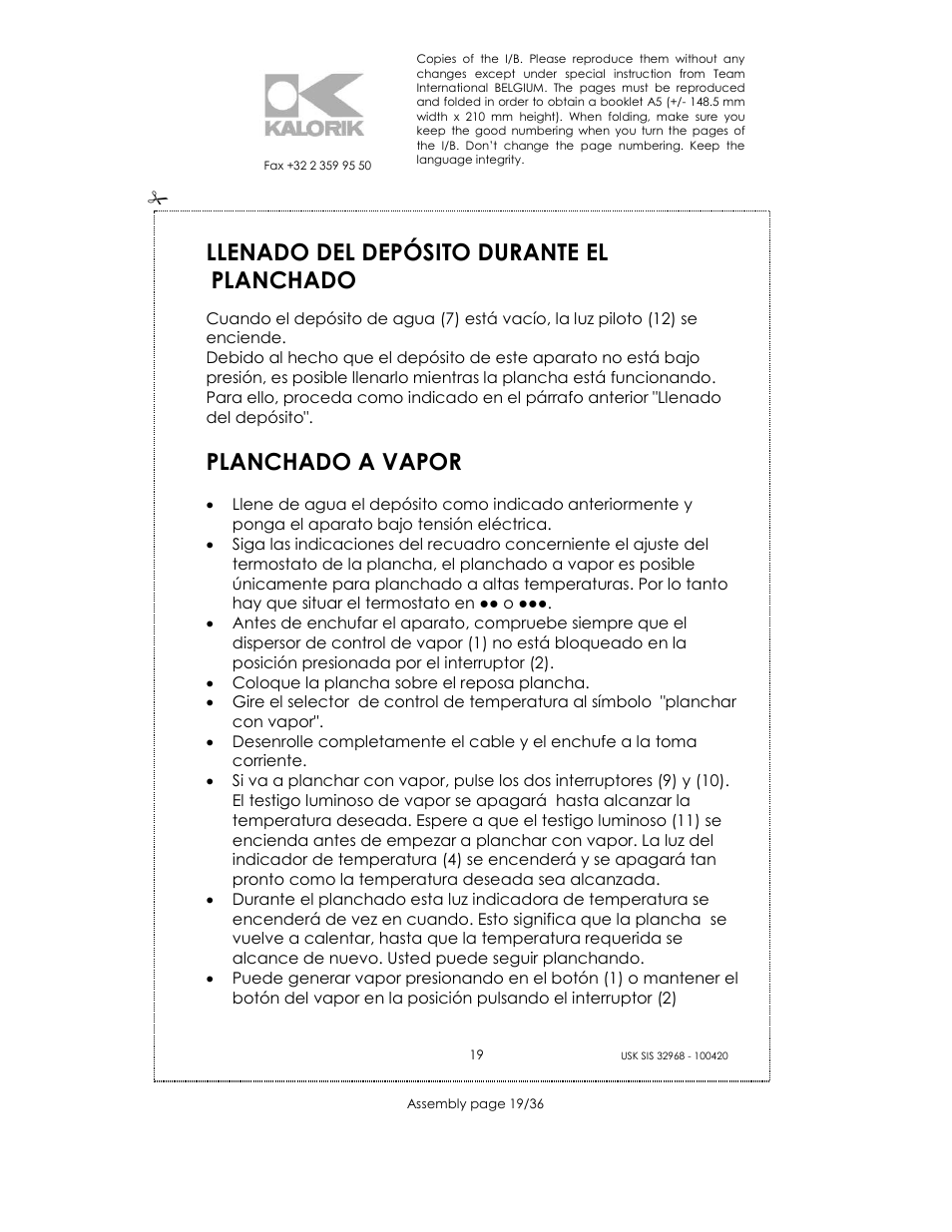 Llenado del depósito durante el planchado, Planchado a vapor | Kalorik SIS 32968 User Manual | Page 19 / 36