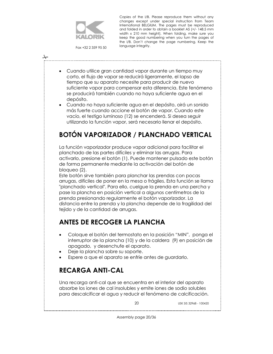 Botón vaporizador / planchado vertical, Antes de recoger la plancha, Recarga anti-cal | Kalorik SIS 32968 User Manual | Page 20 / 36