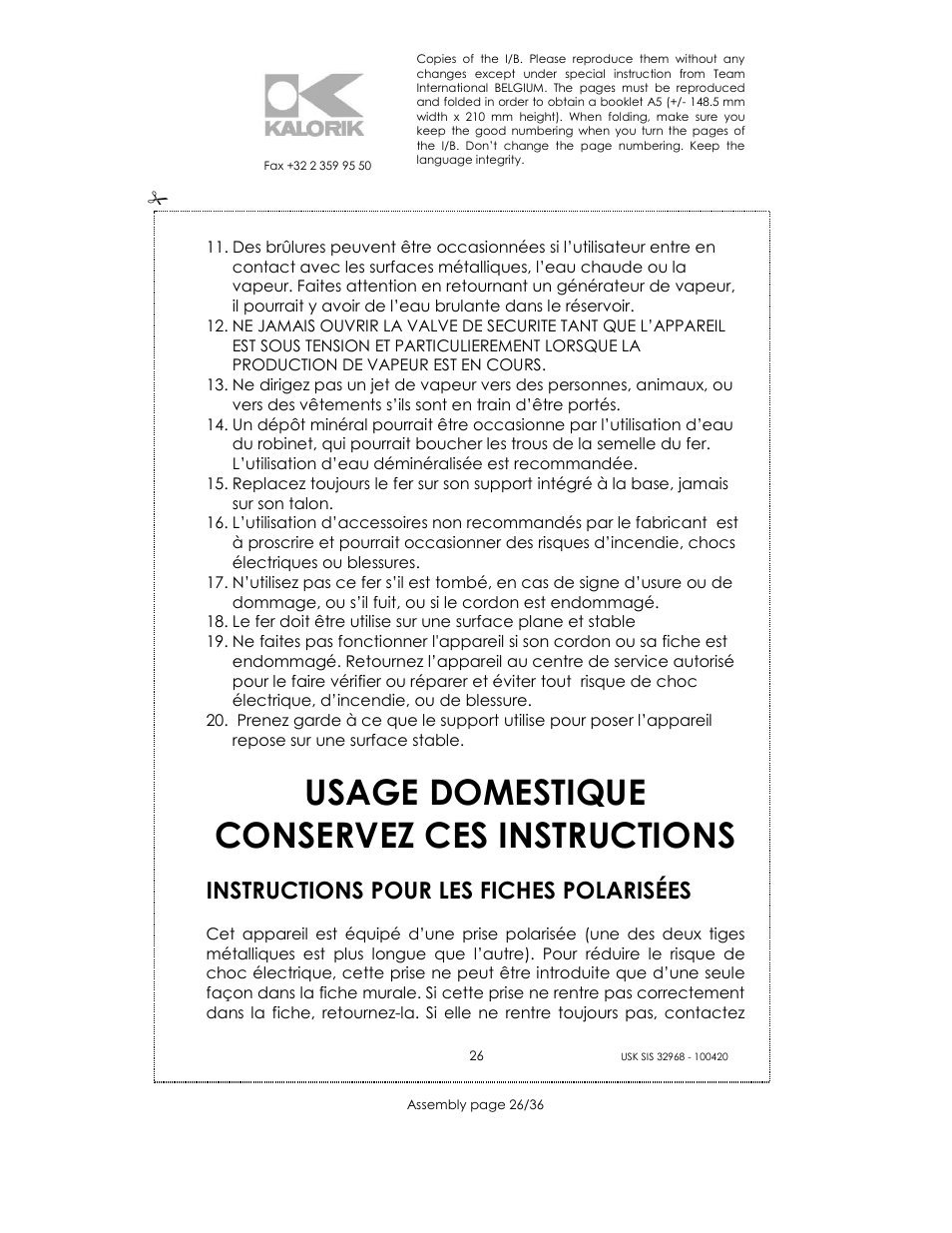 Usage domestique conservez ces instructions, Instructions pour les fiches polarisées | Kalorik SIS 32968 User Manual | Page 26 / 36