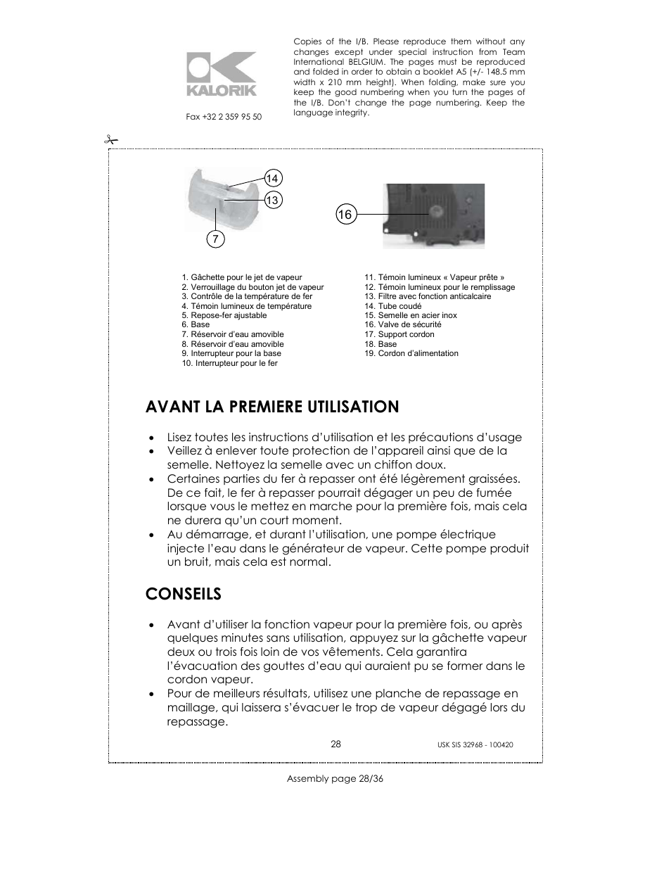 Avant la premiere utilisation, Conseils | Kalorik SIS 32968 User Manual | Page 28 / 36