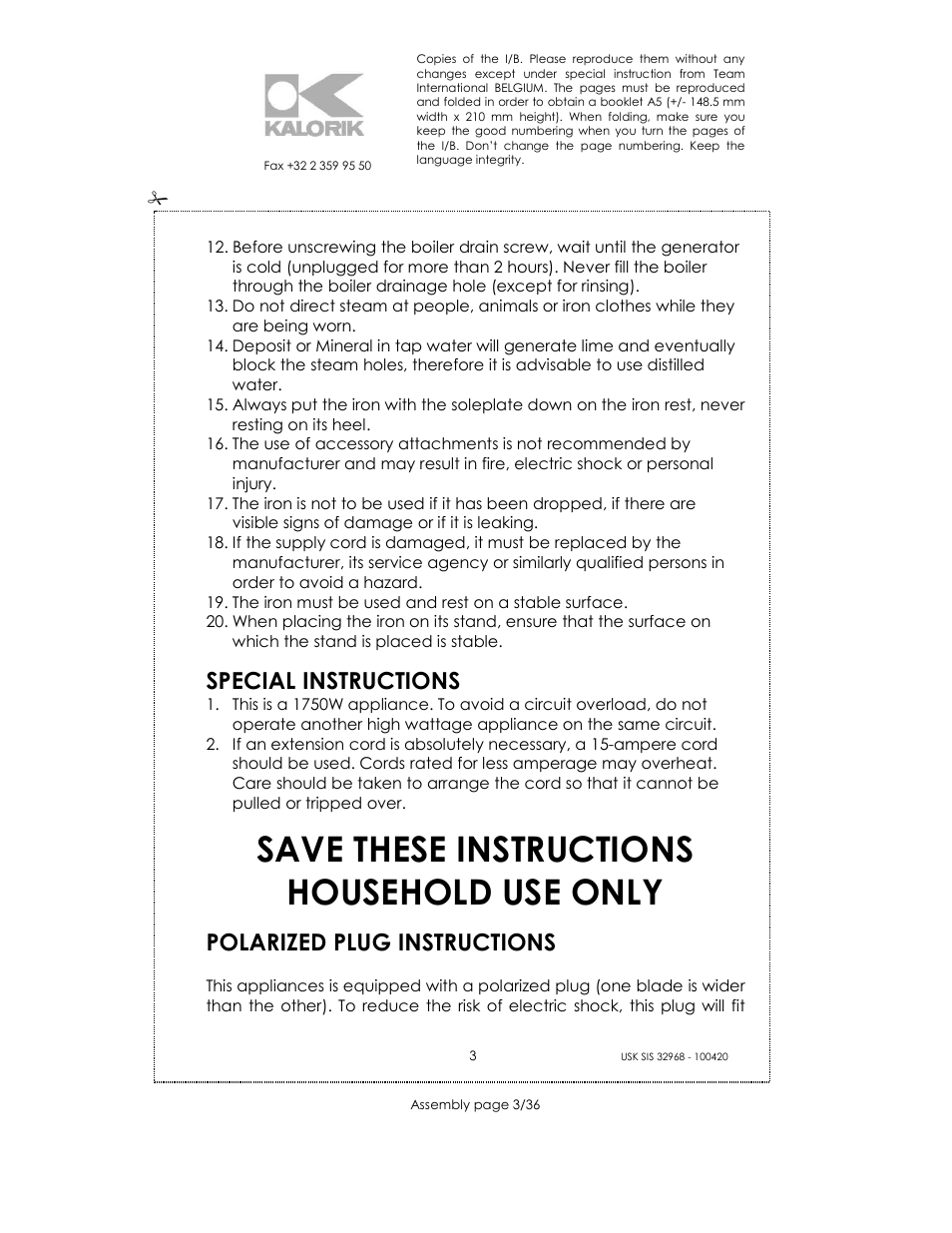 Save these instructions household use only, Special instructions, Polarized plug instructions | Kalorik SIS 32968 User Manual | Page 3 / 36