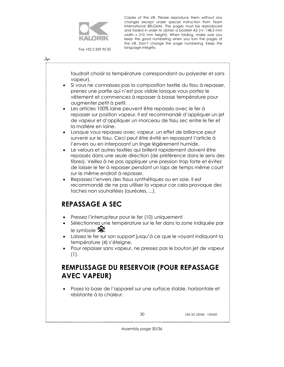 Repassage a sec | Kalorik SIS 32968 User Manual | Page 30 / 36
