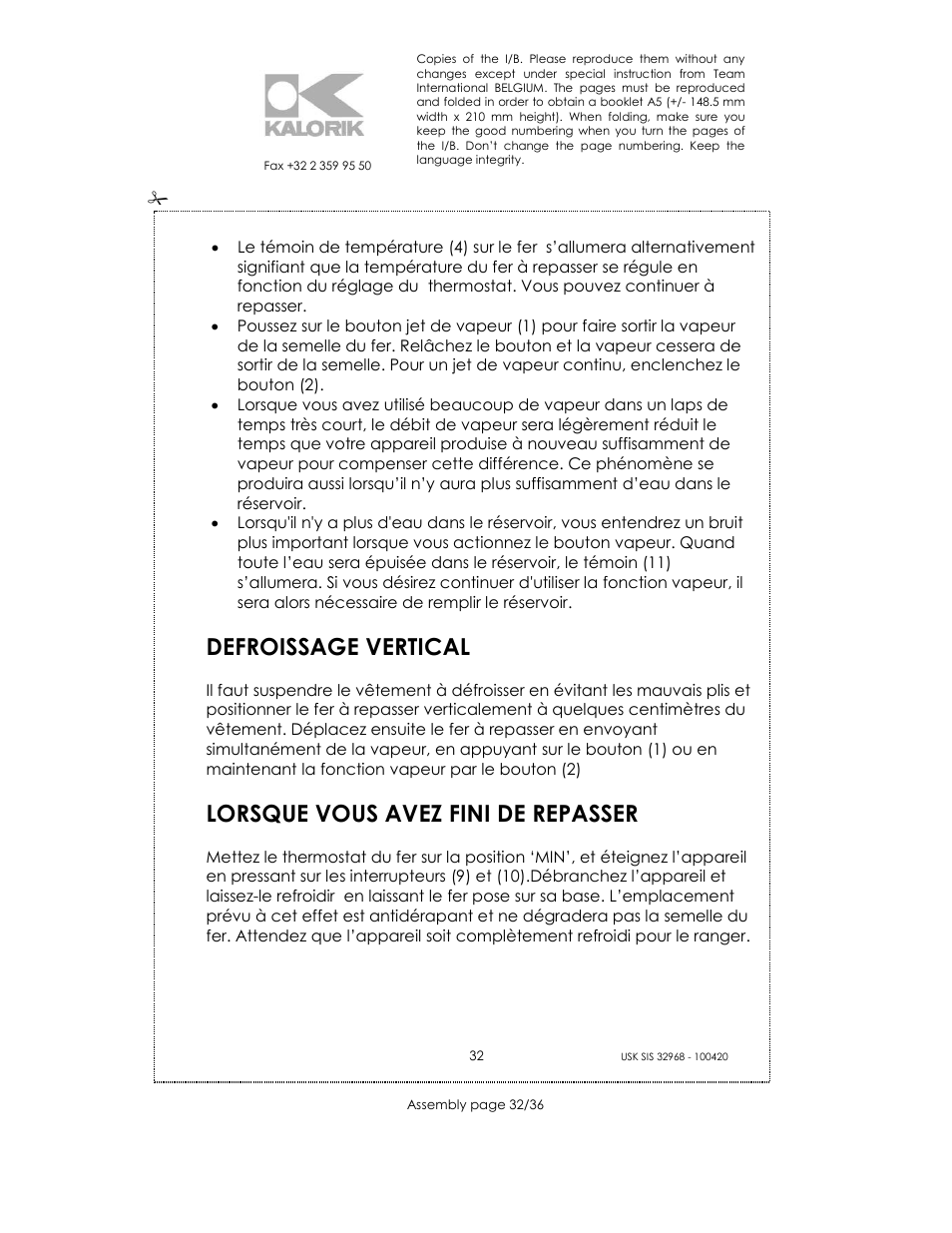 Defroissage vertical, Lorsque vous avez fini de repasser | Kalorik SIS 32968 User Manual | Page 32 / 36