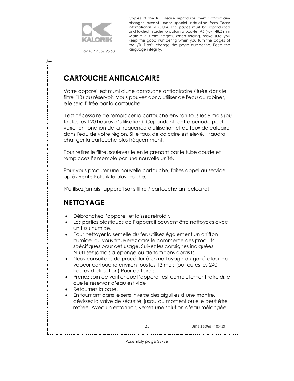 Cartouche anticalcaire, Nettoyage | Kalorik SIS 32968 User Manual | Page 33 / 36