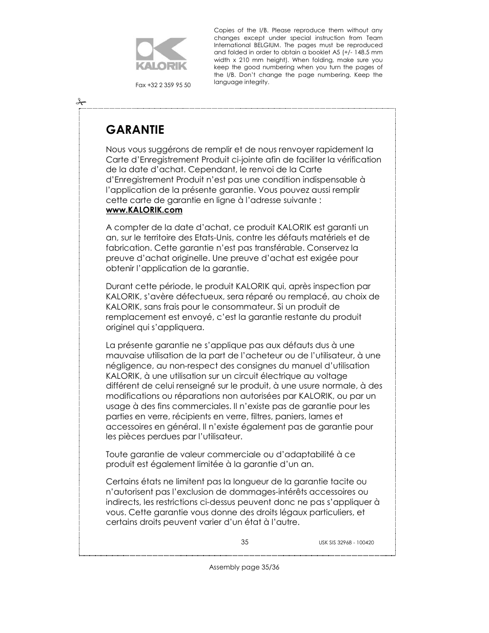 Garantie | Kalorik SIS 32968 User Manual | Page 35 / 36