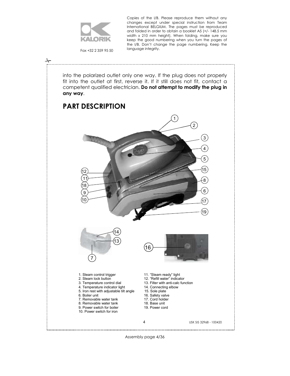 Part description | Kalorik SIS 32968 User Manual | Page 4 / 36