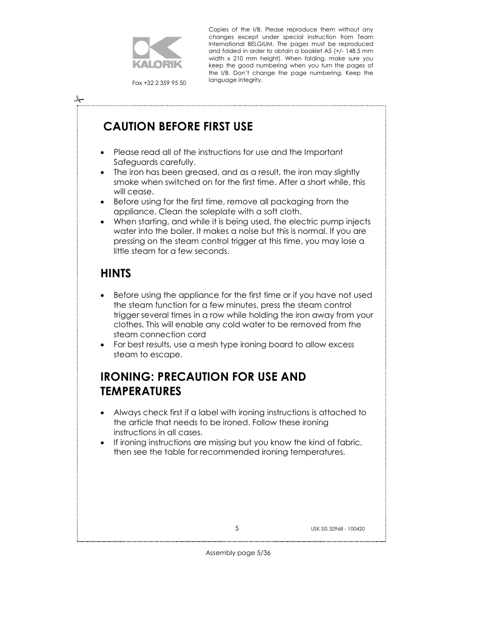 Caution before first use, Hints, Ironing: precaution for use and temperatures | Kalorik SIS 32968 User Manual | Page 5 / 36