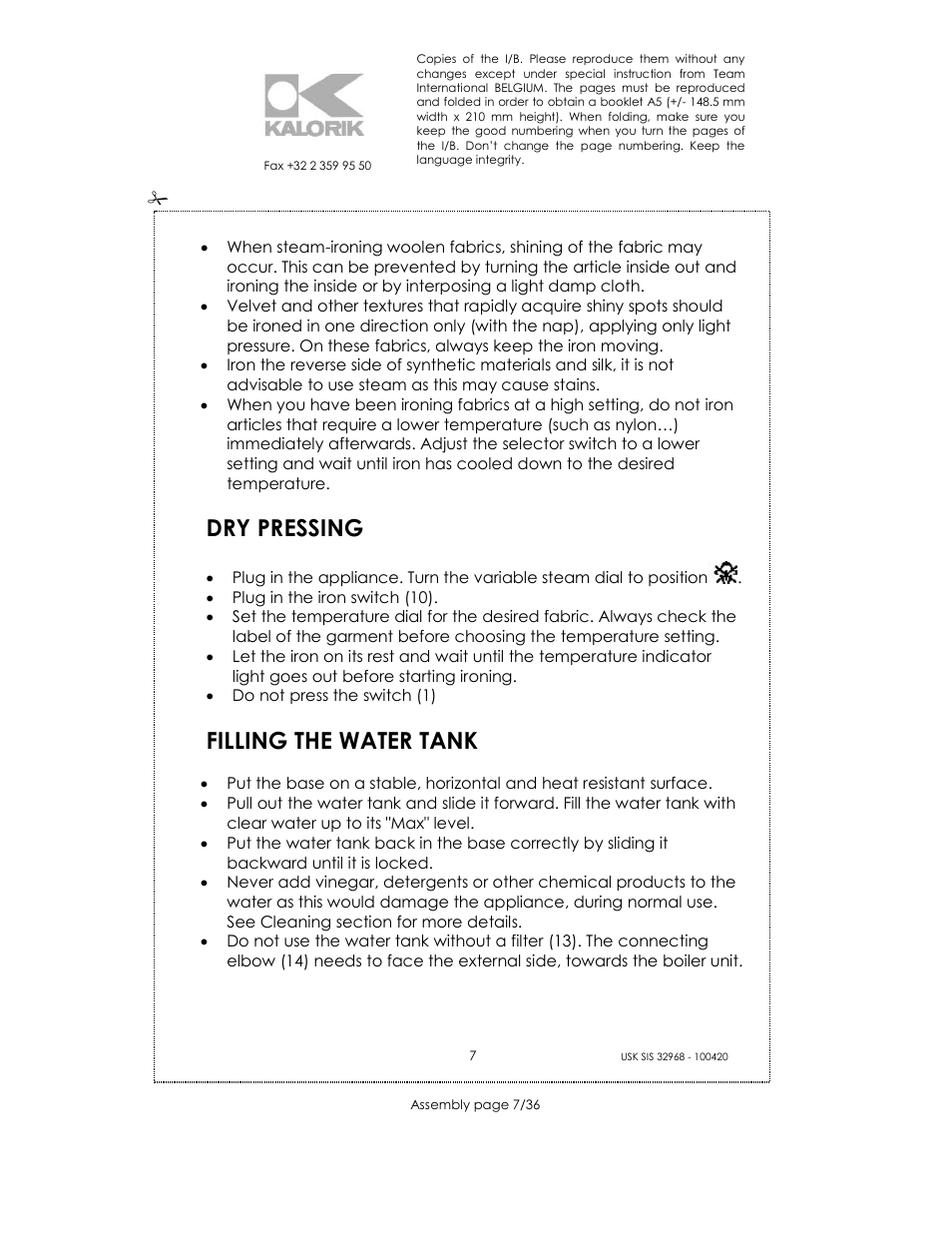 Dry pressing, Filling the water tank | Kalorik SIS 32968 User Manual | Page 7 / 36
