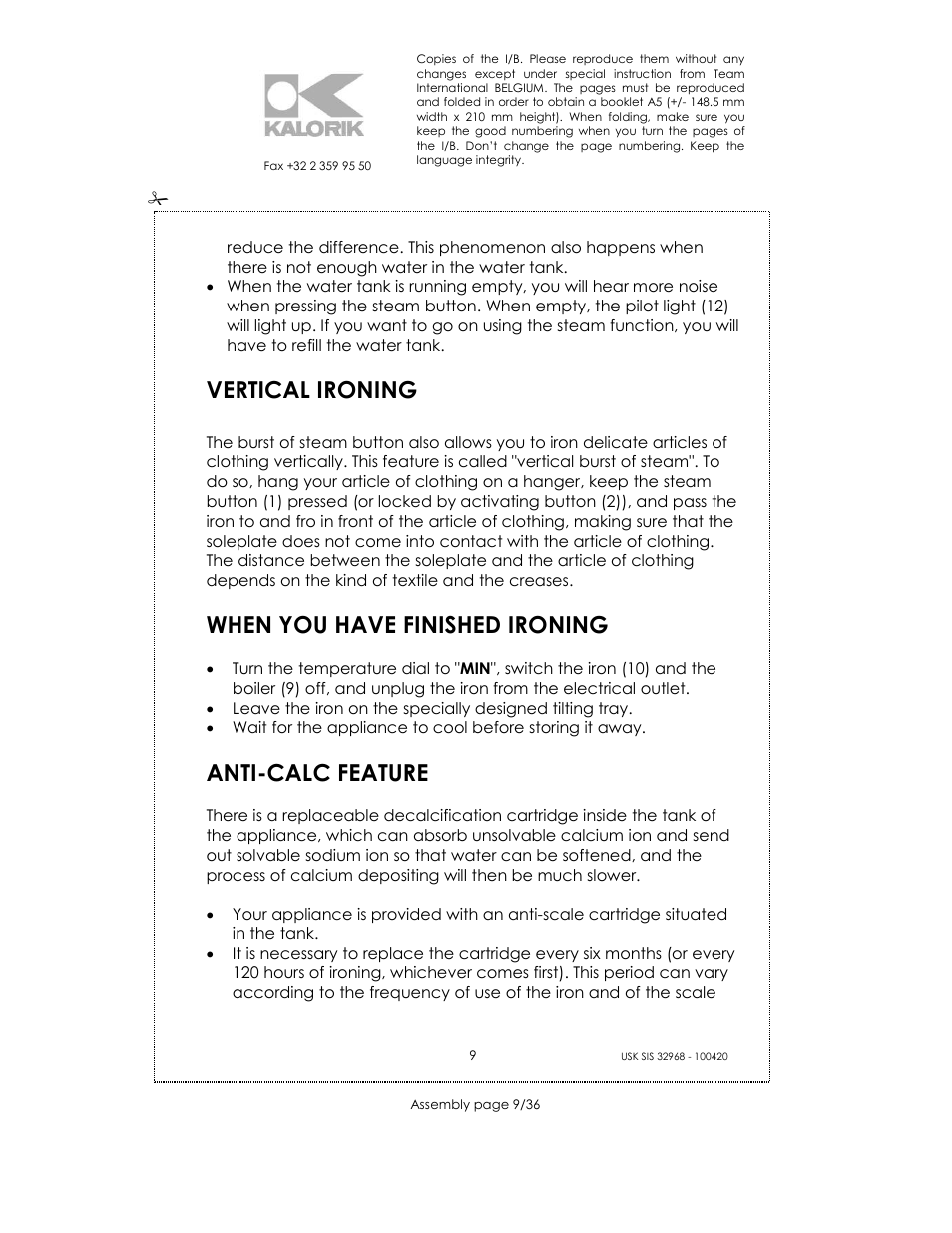 Vertical ironing, When you have finished ironing, Anti-calc feature | Kalorik SIS 32968 User Manual | Page 9 / 36