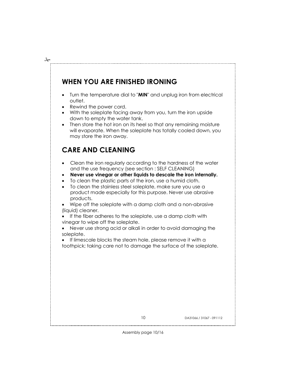 When you are finished ironing, Care and cleaning | Kalorik USK DA 31066 User Manual | Page 10 / 16