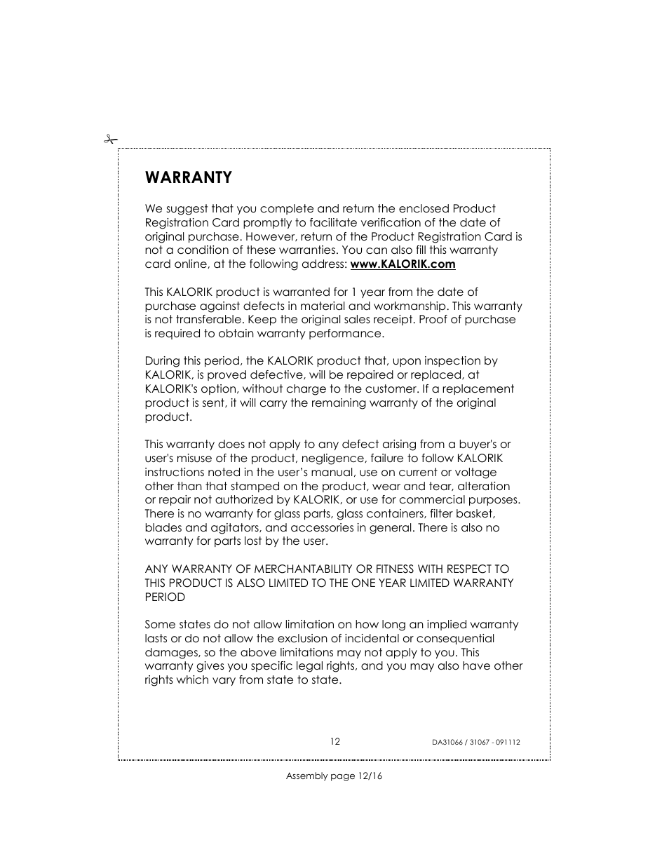 Warranty | Kalorik USK DA 31066 User Manual | Page 12 / 16